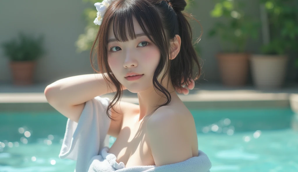 white skin,symmetrical,High detail RAW color photo professional close photograph, (highly detail face: 1.2),  twintails, half body, pore, real human skin, a portrait of a 18yo woman bathing in ocean,body contact water and ripple around, reeds,clear and clean water, shiny eyes,looking at viewer, wearing doctor uniforms, see-through , wet body, wet hair, tindal effect,lens flare,shade, bloom, backlighting, depth of field, natural lighting, hard focus, film grain, photographed with a Sony a9 II Mirrorless Camera, by Laurence Demais,
 (pureerosface_v1:0.4), (ulzzang-6500:0.4),