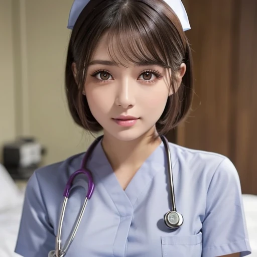 (professional portrait、professional writing)、highest quality, Detailed workmanship、high resolution、(8K, High resolution:1.2)、(RAW photo, photorealistic:1.3)、masterpiece、slender body shape、high definition face、Face is in focus、high definition eyes、(Focused, symmetrical pupils:1.2)、High-definition and beautiful skin、firm skin、natural makeup、gross lip, High-definition hair texture, cute, japanese woman、17 years old、short hair, nurse、nurse break (White nursing uniform、white nurse uniform:1.3) break on the hospital bed、Embarrassed behavior、dynamic pose, very cute, (very embarrassed:1.3), (blush:1.1), (afraid:1.3), (Looking up at the camera:1.3)、(shot from above:1.3), open mouth:1.1、cleavage