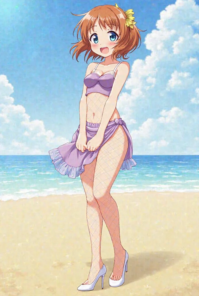 score_9,score_8_up,masterpiece,best_quality, highres, anime screencap, anime coloring, megami magazine, sidelighting, shiny luminous, 1girl, solo, solo focus, Hanadera Nodoka, medium hair, brown hair, hairclip, small breasts, flat busts, hud_rectngl_leotrd, shiny highleg leotard, leotard, navel, cleavage, ass, covered nipples, oiled skin, shiny skin, wet skin, very sweaty,very wet skin,steaming body, looking at viewer, dutch angle. cowboy shot, outdoors, beach side, sunset, evening, Expressiveh, confused,