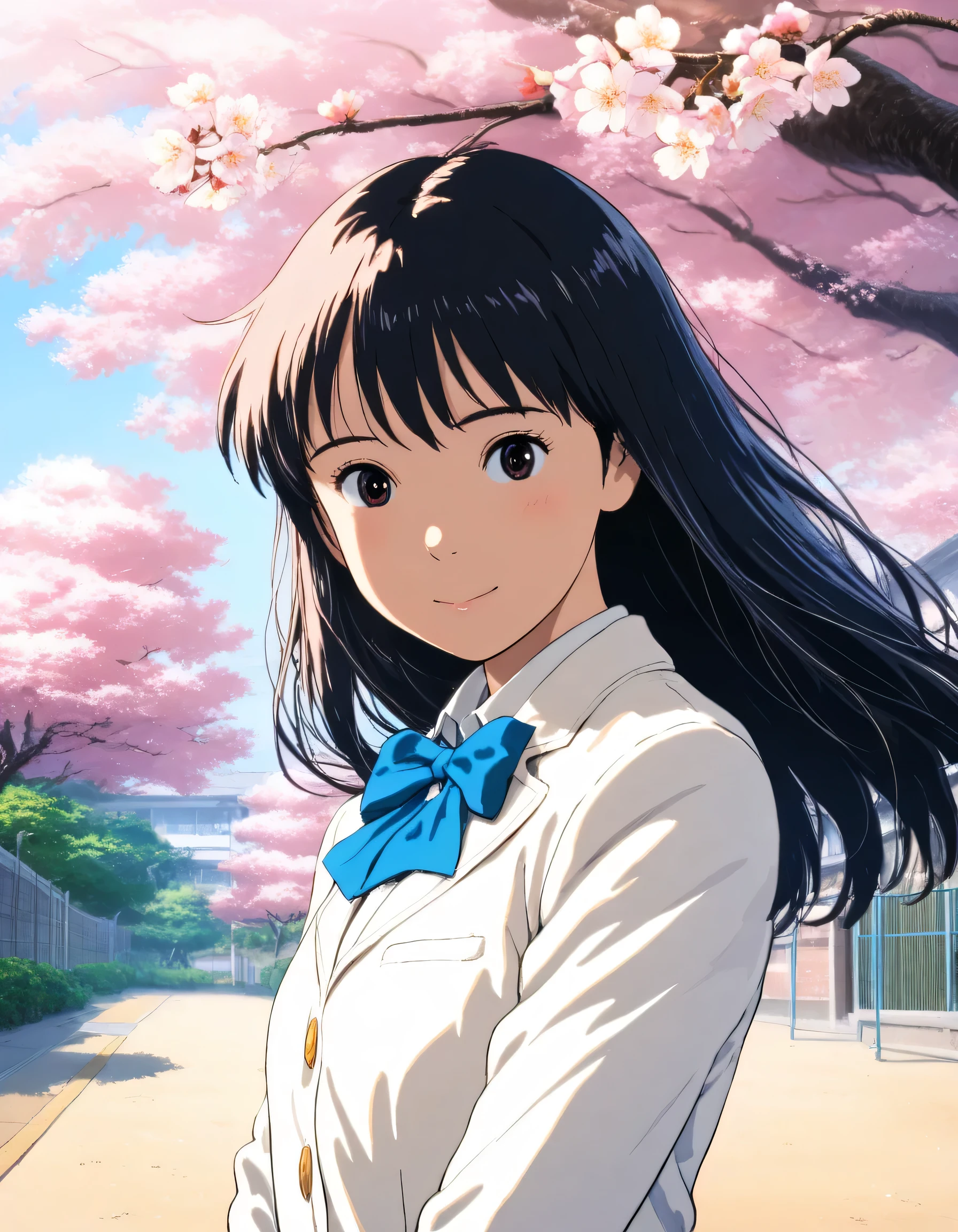 1girl, studio ghibli, year 2016, school uniform, white blazer, red check skirt, schoolyard, cherry blossom tree, masterpiece, high score, great score, absurdres, 16k, super detail
