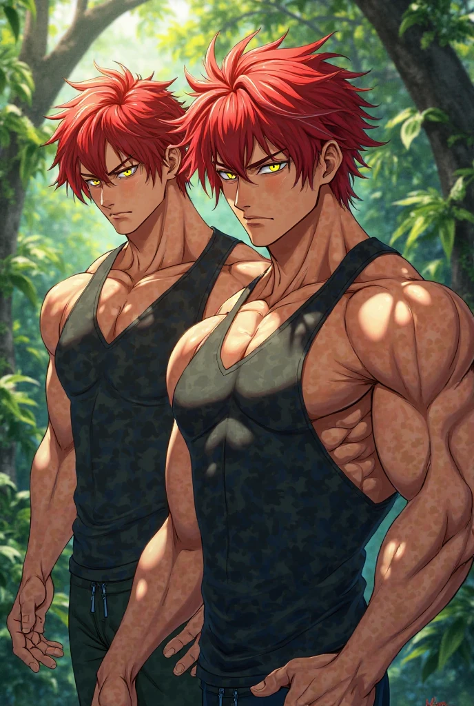 2boy, masterpiece, 3d, (Bakugo Katsuki), Eijiro Kirishima red riot , muscled, chilling at the beach, no shirt, big pregnant, belly, hands on back of head, only wearing a black underwear with a orange line on the top and bomb symbols on the underwear, light smile, nipples
