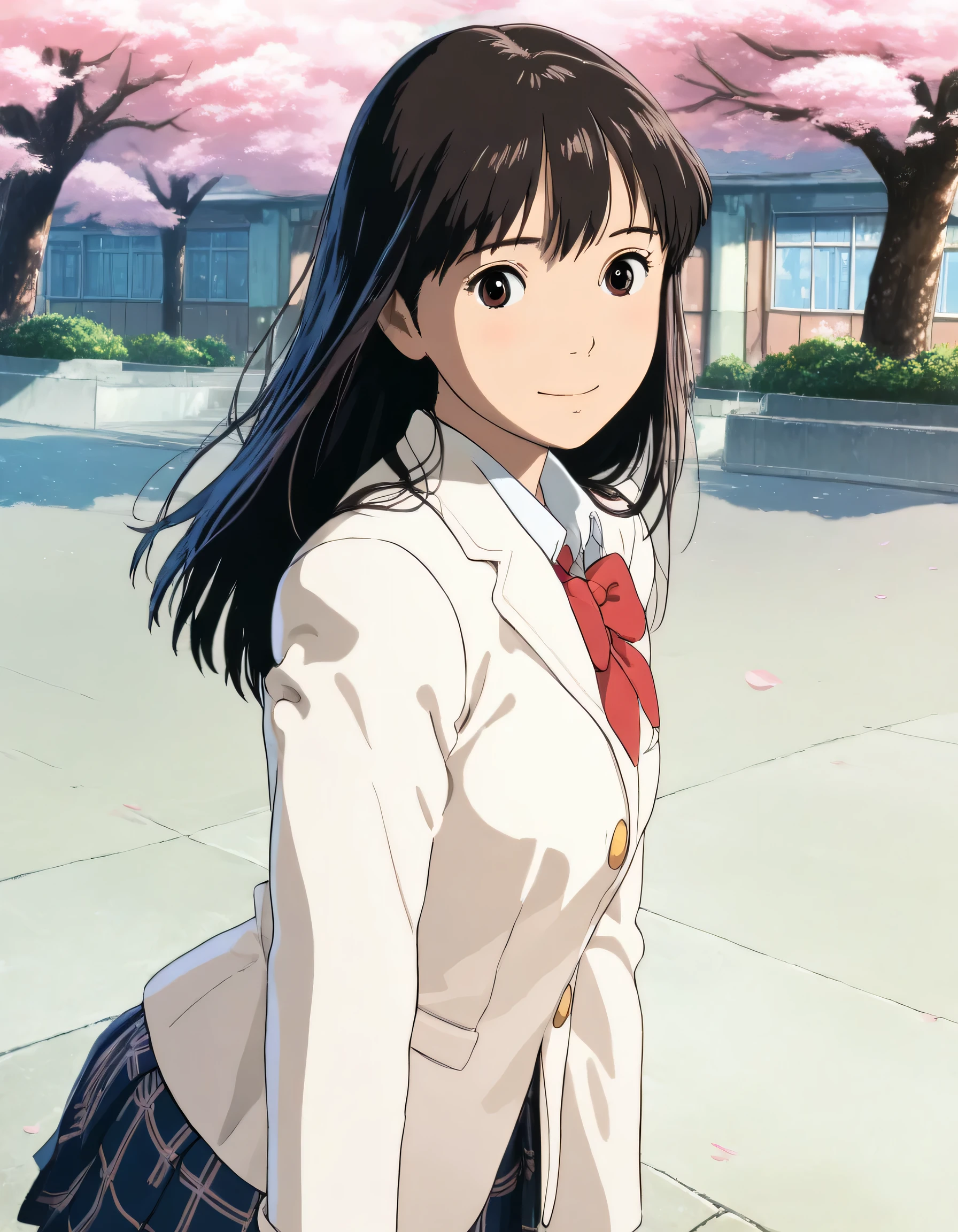 1girl, studio ghibli, year 2016, school uniform, white blazer, red check skirt, schoolyard, cherry blossom tree, masterpiece, high score, great score, absurdres, 16k, super detail