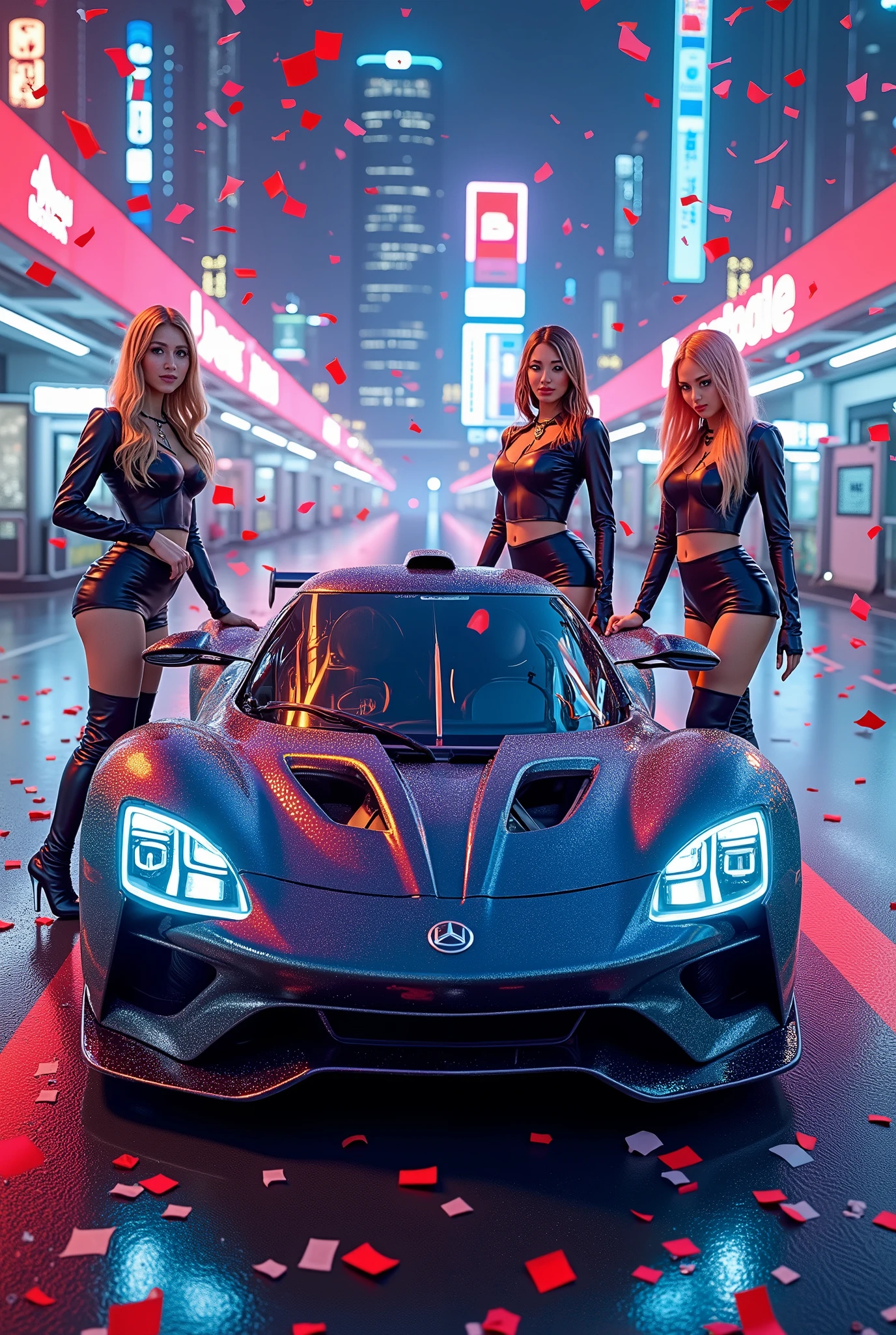 super realism, Night Circuit , Futuristic sports car, Three race queens surround a sports car, confetti dances