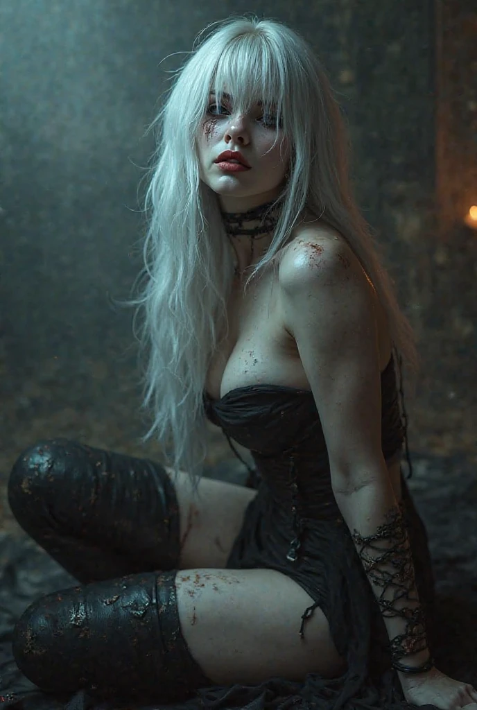 Woman.white hair. eerie glowing red eyes. background with snow. tattooed. on his knees