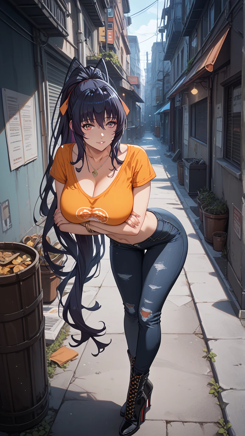 (masterpiece), best quality, expressive eyes, perfect face, front lighting, (inside sports bar restaurant background), (standing), (seductive look), (cleavage view), (1girl, nico robin, milf, latina, dark skin, black hair, short black hair with bangs, straight flat hairstyle, brown eyes, hourglass figure, thick body, curvy body, large breasts, huge breasts, oppai, large cleavage, wide hips, thick thighs), ((hooters uniform), (long white tanktop, long white tanktop, long white tanktop, sleeveless, ("HOOTERS" graphic text on shirt)), BREAK, (orange yoga shorts, orange yoga shorts, orange yoga shorts)),