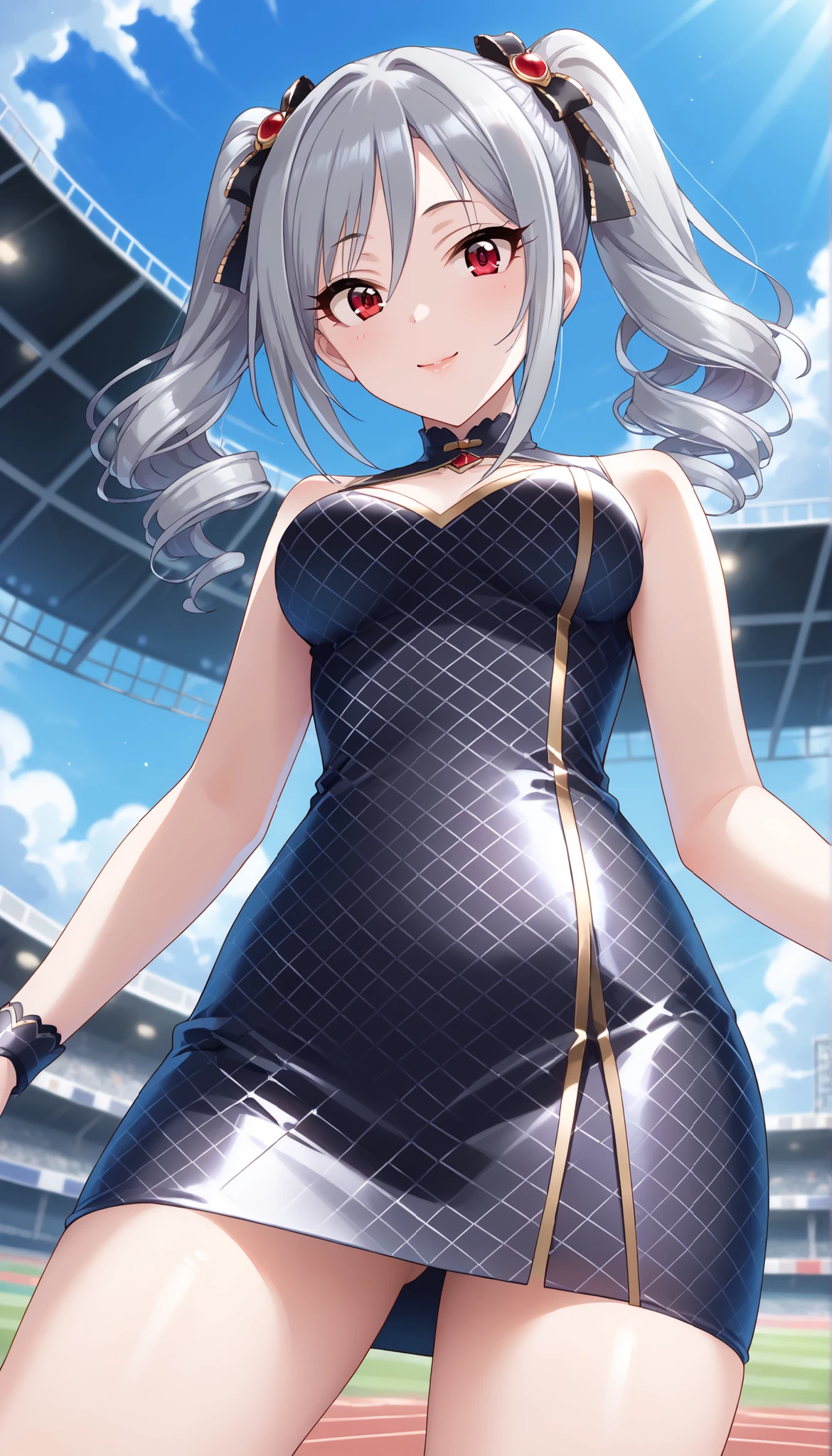 (((Ranko Kanzaki))),(((black grid girl costume))),(((tight skirt))),Bare Chest,thin thighs,medium breasts,(((Outdoors))),Close-up,Race track,pose to raise both arms, Silver Hair,twin tails,((low angle)),((Sexy Poses)),Ulchan-6500-v1.1, ( RAW photos :1.2), Beautiful Detailed, very detailed目 美しい目, beautiful eyes,Red Eyes、 large file size, high resolution, very detailed, Best Quality, [masterpiece:1.6], Awareness-raising, very detailed, CG, finely, Best Quality, 8K wallpaper, perfect body shape,Dynamic,very detailed,Bare legs