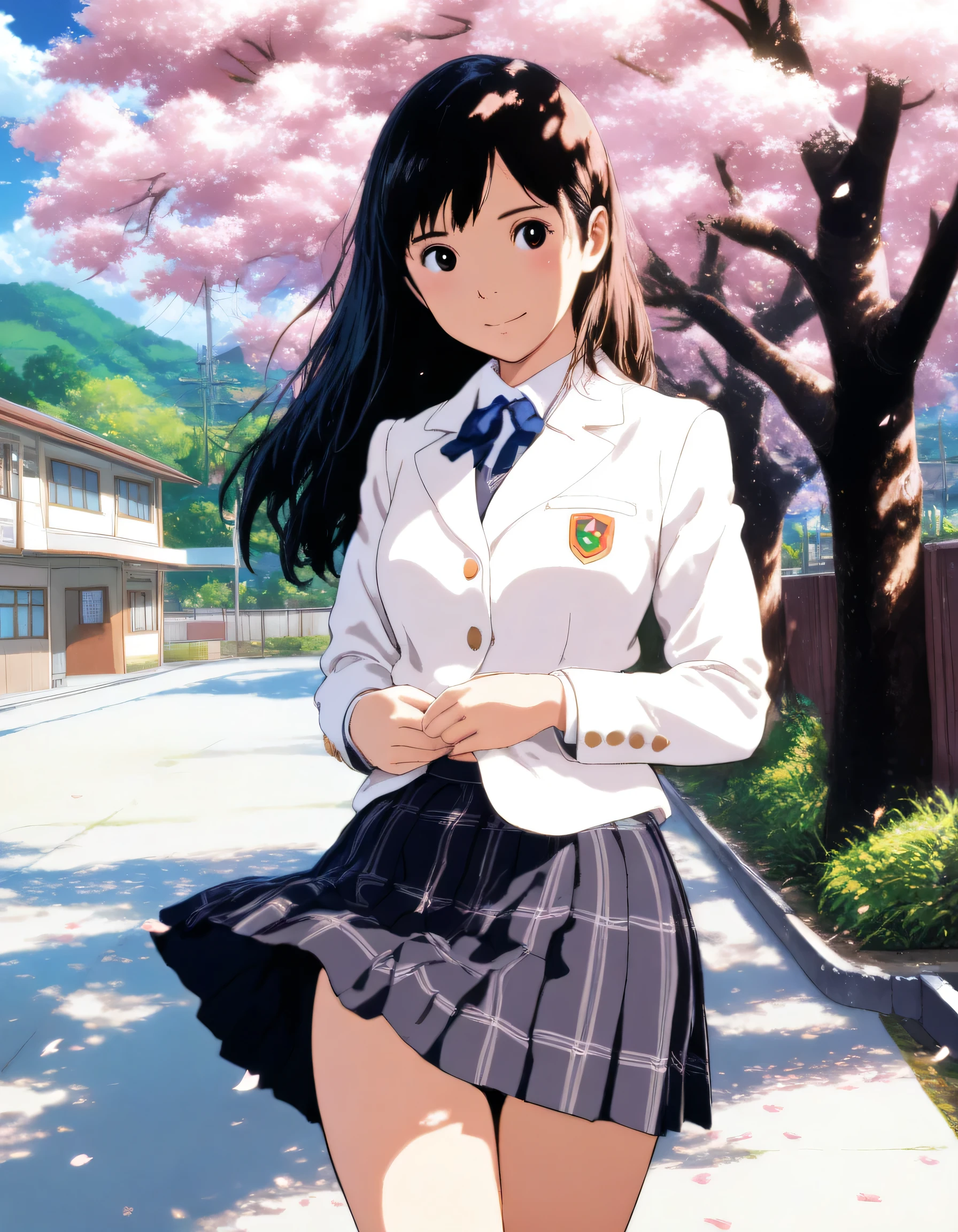 1girl, studio ghibli, year 2016, school uniform, white blazer, red check skirt, schoolyard, cherry blossom tree, masterpiece, high score, great score, absurdres, 16k, super detail