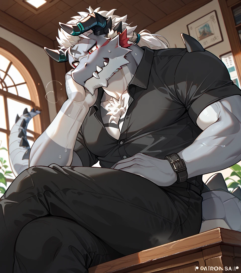 <lora:Hung v2:.8> hungark pecs sitting on a chair shirtless, nipples,