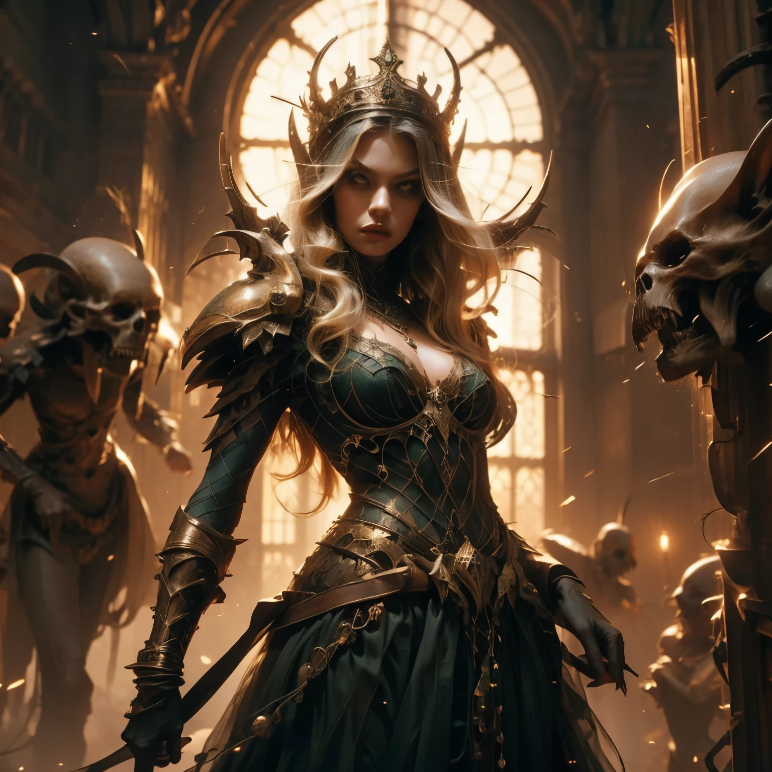 photos taken from bottom vivid colors, fine details, studio lighting, Monster Queen, immortal and hungry for power, bored with mortals, she wants something more, she looks straight into the viewer's eyes with an excited gaze, bloodelf queen in armor, she has long blonde hair and large pale green eyes, perfecteyes, beauty, strong and brave queen. Her costume features bright colors and show off her big breasts under revealing lace dress, confident and ready for the challenge, The photo shows power and eternity. The background gives the picture an atmosphere of calm Ethereal Gothic Elegance, reasure-room, treasure, treasure chest, treho, bzwaves