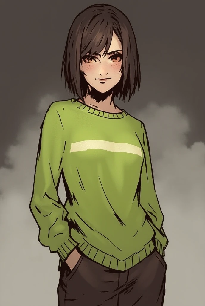 masterpiece, best quality, waist up,1girl,the highest image quality, 18-year-old teenager, looks like rachel bilson, short brown hair, brown eyes, freckles, wearing a green blouse, short skirt, White background, empty background, waist up , standing normally, RachelBilson