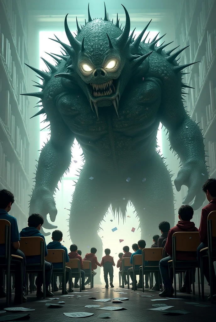 in the clasroom, crowded students, odd mathematical monsters, horror