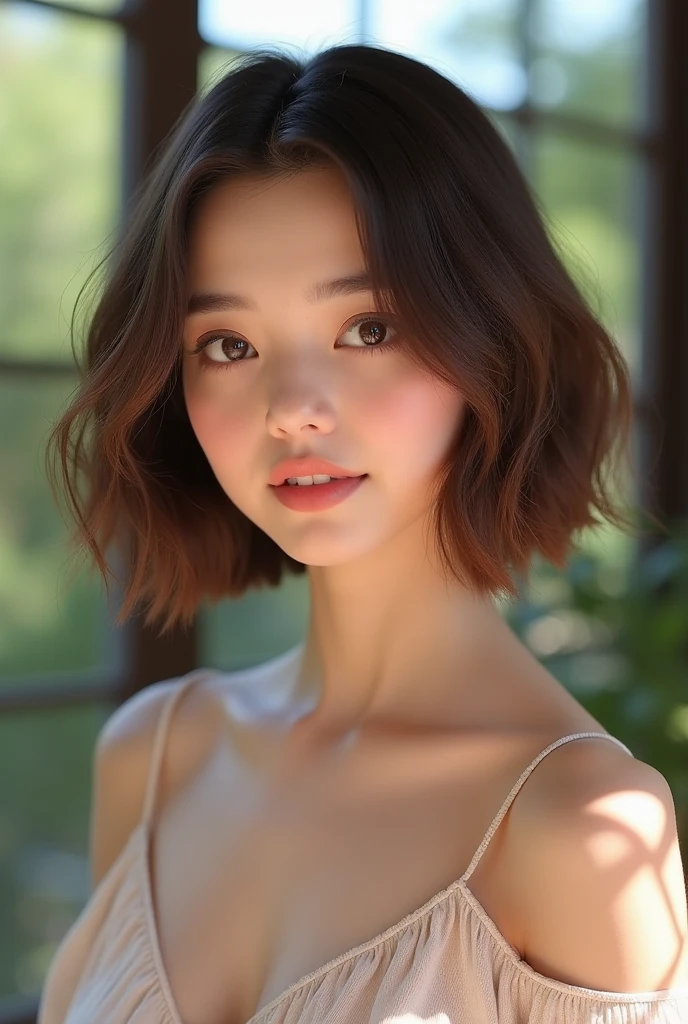 A brunette with rather flat breasts
