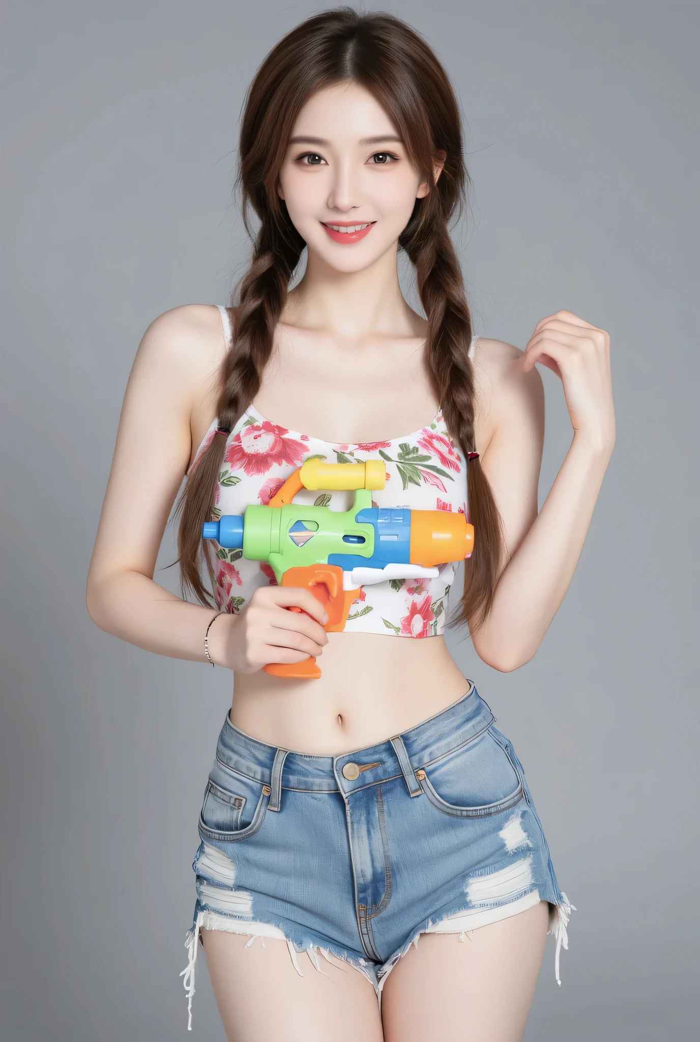 The Korean girl is elegant, with a sharp face, a bright smile, } Grastically hold the colorful water spray gun while the right hand closes its mouth in an excited gesture.. She wears a colorful floral cropped top and fitted short jeans, perfect for Songkran festival.. ผมสีน้ำตาลยาวของเธอisลอนสวยงาม, จัดทรงisเปียสองข้าง. is