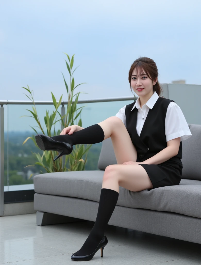 ulzzang-6500-v1.1, (RAW photo:1.2), (realistic), beautiful detailed girl, (genuine: 1.4), very detailedな目と顔, beautiful and fine eyes,  (Plaid vest, super realistic pantyhose:1.4,Business service)、 (very affectionate smile:1.3)、huge file size, High resolution, very detailed, highest quality, [masterpiece:1.6], An illustration, very detailed, ticker, small details, highest quality, 8k wallpaper, movie lighting, 1 girl, , perfect body shape, cute droopy eyes beautiful big eyes、((muste piece)), highest quality, 1 girl, eye shadow,  ((full body shot:1.5))、sit comfortably on the sofa、Stretch out your legs beautifully、exposed thighs!!!