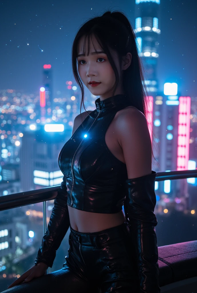 (masterpiece), best quality, ultra high res,little girl, 1girl,hoodie,blue hair, very long hair, off shoulder, feather hair ornament, neon colors flashes, cyberpunk, stunning cityscape,stunning night sky, cinematic lighting, photorealistic, realistic skin, HDR