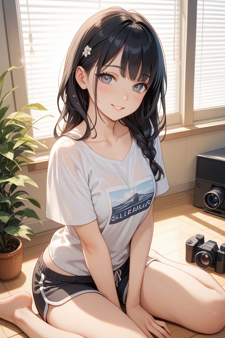 the girl with long black hair, (ample breasts), wearing a white T-shirt and denim shorts, sitting on a chair in a TV studio. She talking seriously with a photographer. ((Her mouth is covered with her hands)). They are discussing something intently. in summer