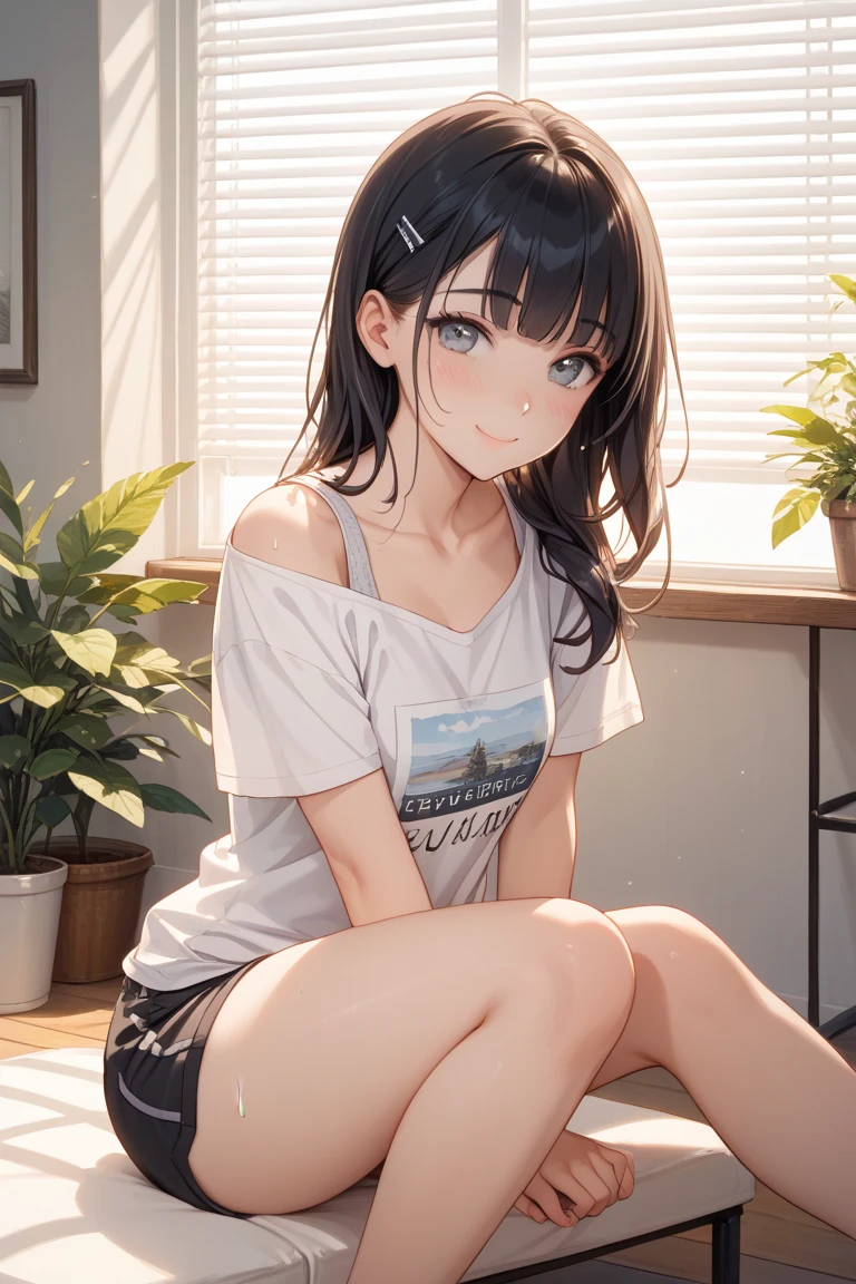 (Best quality, 8k, 32k, Masterpiece, UHD,:1.2), RAW, human, 1girl,ultra cute , ultra cute, natural lighting, transparent shining eyes, 20yo, medium breast ,femur, fair complexion , flushed face, dolphin shorts,at room, oversized T-shirts, squatting, holding own knees,