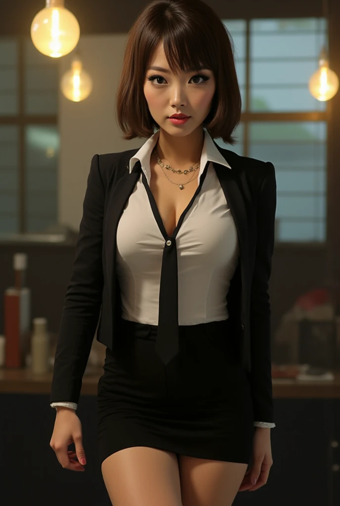 a woman walking in the office hall, a white wall, a grey table, posters on the wall, sexy poses, (((masterpiece))), ((best quality)), ((intricate detailed)), ((Hyperrealistic)), absurd res, milf, mature woman, perspective, highly detailed, illustration, 1girl, ((large breasts)), perfect hands, detailed fingers, beautiful detailed eyes, short hair, blonde hair, blue eyes, nametag, CEO, (business outfit:1.2), open blazer, shirt, cleavage, lace bra, tight skirt, black choker, earrings, detailed background, bedroom, perfect eyes, seductive eyes, looking at the viewer, from front