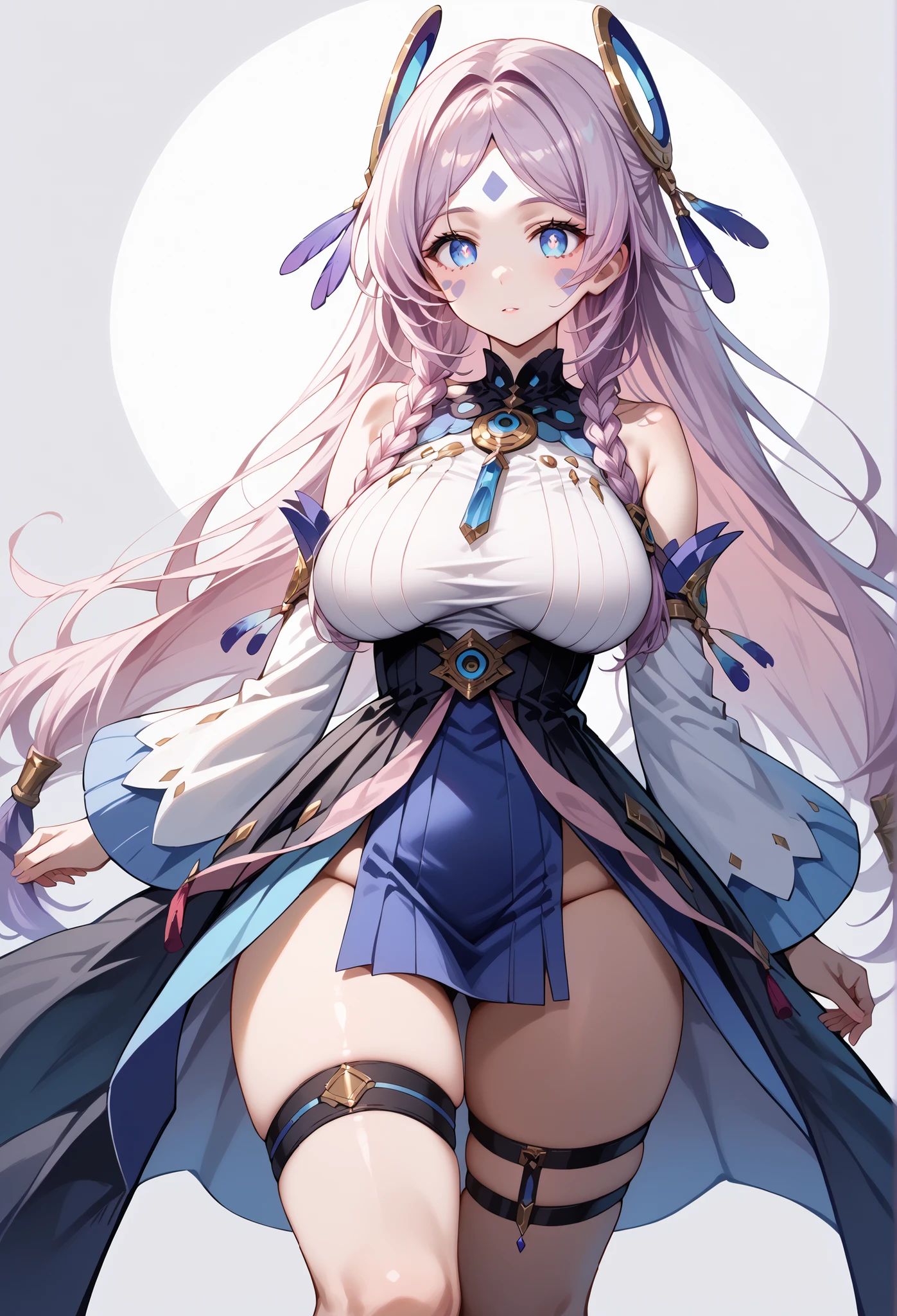 score_9, score_8_up, score_7_up, source_anime, 4K,perfect fingers,(perfect hands, perfect anatomy),prefect lighting, very aesthetic, intricate details,highly detailed background, masterpiece, high quality, best quality,
citlali, blue eyes, bright pupils, facial mark, long hair, multicolored hair, pink hair, purple hair, hair intakes, braid, twin braids, parted bangs, hair ornament,Large Breast
wearing ((thigh strap, detached sleeves, bare shoulders, dress, )) ,,
Standing, A sagging breast, ((White plain background:1.5)) , looking at the spectator,