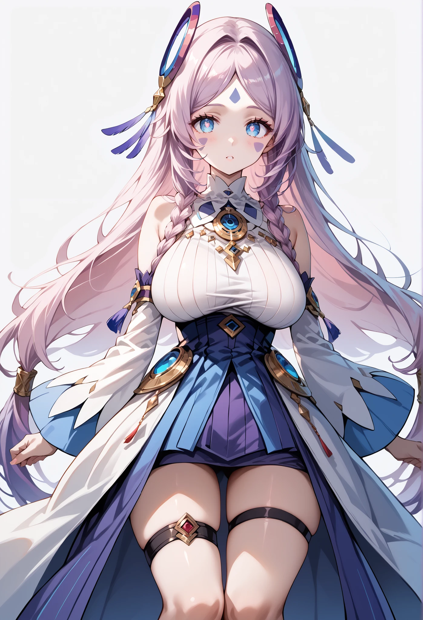 score_9, score_8_up, score_7_up, source_anime, 4K,perfect fingers,(perfect hands, perfect anatomy),prefect lighting, very aesthetic, intricate details,highly detailed background, masterpiece, high quality, best quality,
citlali, blue eyes, bright pupils, facial mark, long hair, multicolored hair, pink hair, purple hair, hair intakes, braid, twin braids, parted bangs, hair ornament,Large Breast
wearing ((thigh strap, detached sleeves, bare shoulders, dress, )) ,,
Standing, A sagging breast,  ((White plain background:1.5)) , looking at the spectator, 