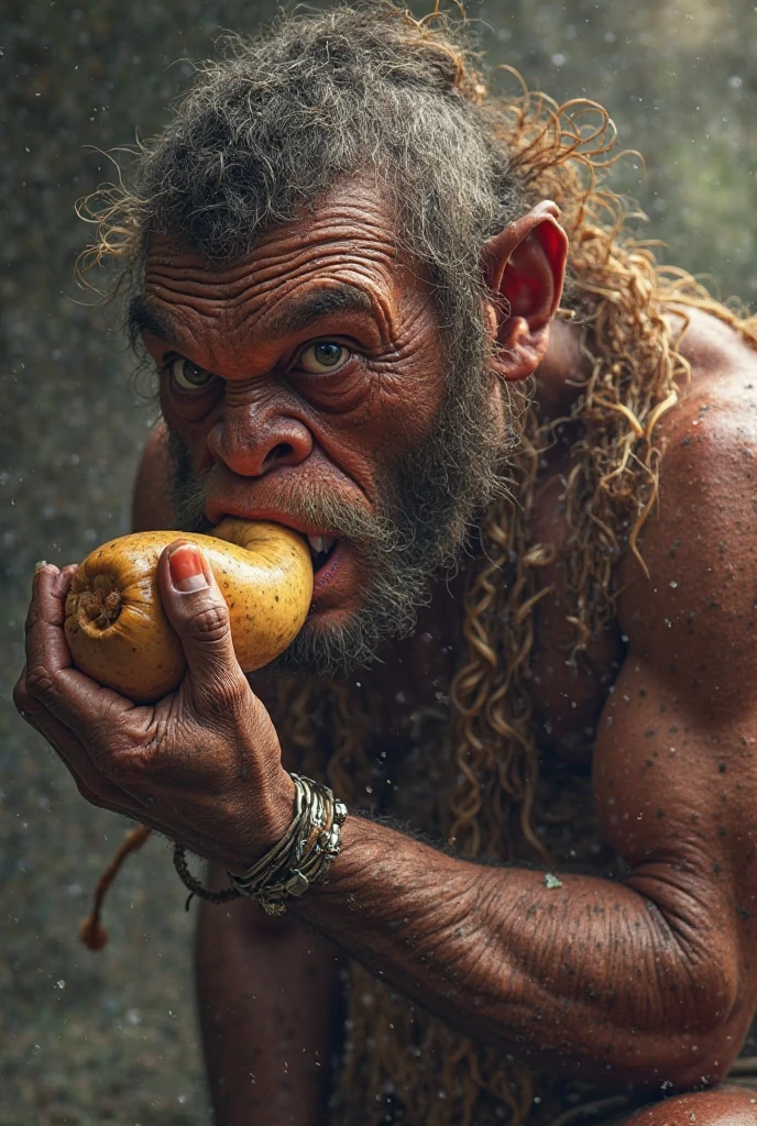 Shirtless muscular man, eating a big one next to a ufo ,in favela