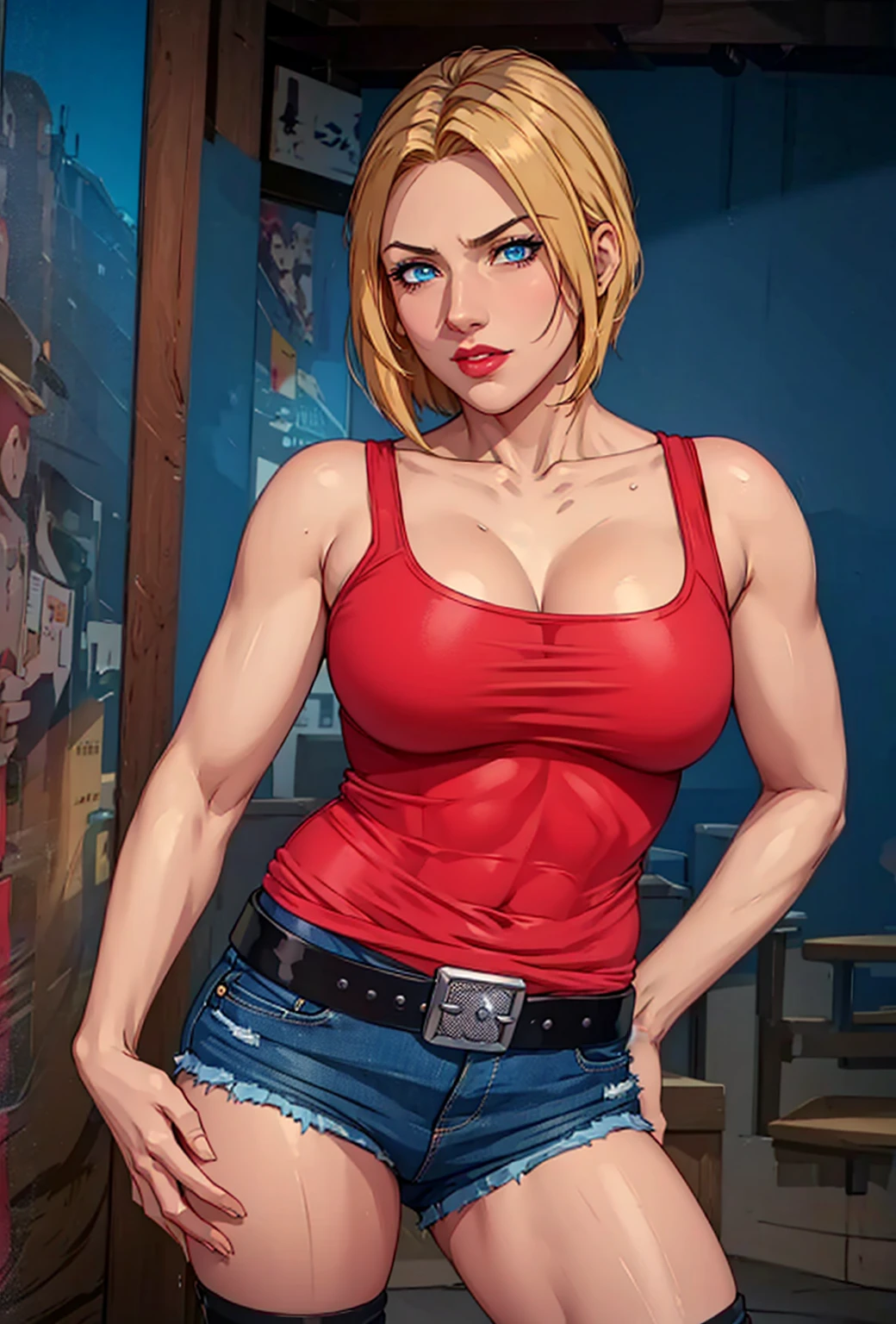 big breast 8k, Perfect skin 8k
A young and athletic woman of 22 YEARS OLD (Blue Mary - The King of Fighters) 1.75 m tall, fair skin and serious look. She has intense blue eyes and vibrant BLONDE hair, SHORT CHANEL. Her face has well-defined features, thin and arched eyebrows, a small and straight nose and small lips with a seductive expression. Her skin is clear and smooth, with a healthy glow, light makeup, of course. SEXY BODY, sexy and attractive definition. Big and beautiful breasts very striking. big butt, SENSUAL smile, SEXY MOUTH, RED LIPSTICK.

8k She is wearing a red top visible on the shoulders, very small blue JEANS shorts tight to the body. black fingerless, . Fitted design,. Semi-realistic style.". Accessories: black belt with silver buckle. Her pose should be strong and SENSUAL.

" SHE IS IN An urban alley at night, with wet concrete floor reflecting neon lights in shades of blue, purple and red.

com iluminação cinematográfica, detalhes refinados e realistas,
""Ela está participando de um ensaio fotográfico profissional
Ensaio fotográfico fotos profissionais. imagem 8k com iluminação brilhante, detalhes refinados e realistas, texturas suaves.