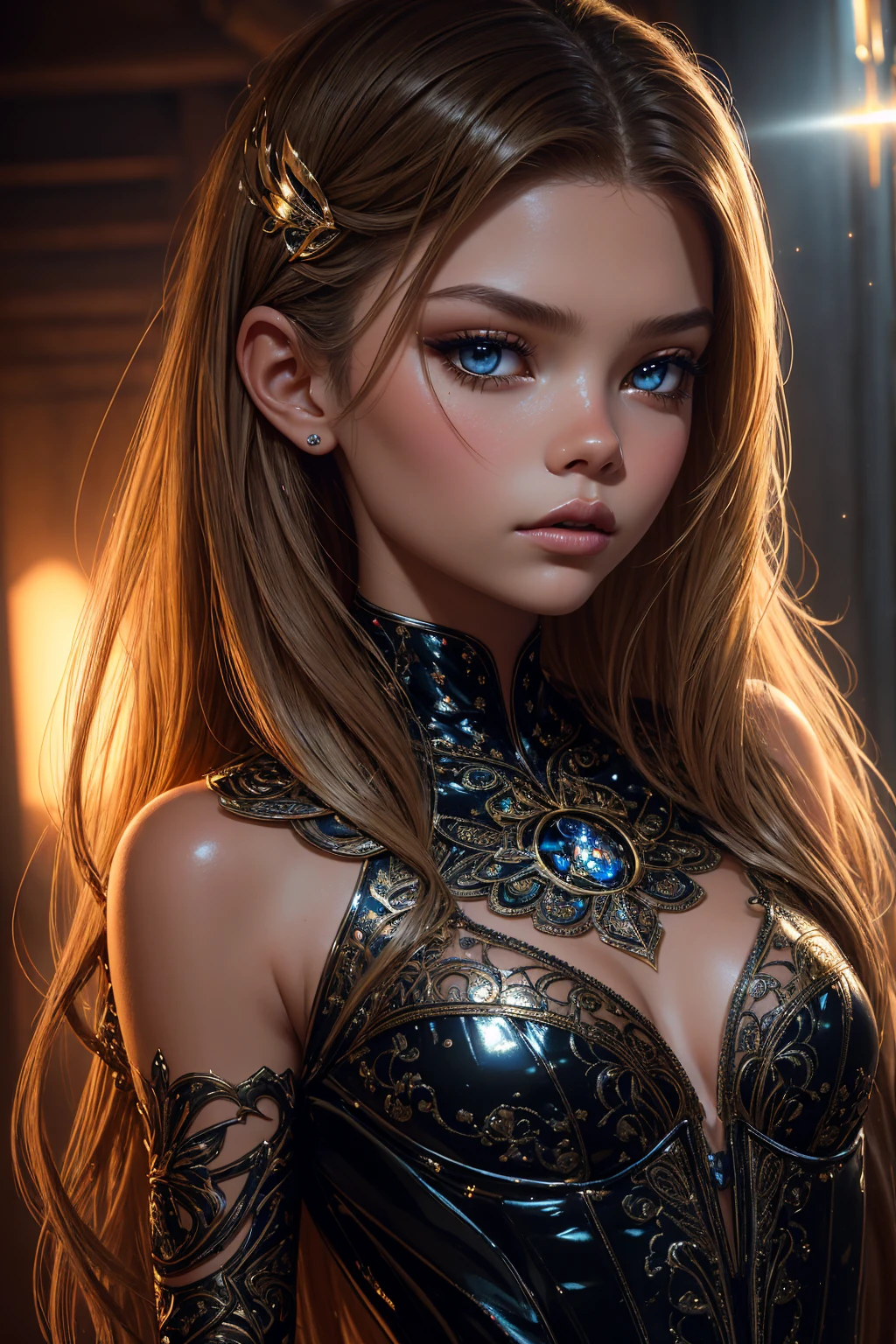 portrait Dakota Fanning, wearing beauty spider outfit, against the background of a spider web, 7 0 3 0 s, curly hair, intricate, elegant, highly detailed, digital painting, artstation, concept art, smooth, sharp focus, illustration, art by thomas kindkade, charlie bowater, artgerm, greg rutkowski, alphonse mucha and alexandra fomina, 36k, glittering, shining