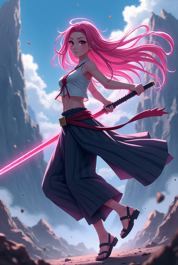 Anime drawing of a woman in a special beige costume with black details and a shiny mysterious symbol in pink black and pink hair long straight hair holding two pink katana swords teacher glasses ballet pose, in a destroyed city classic anime bayoneta