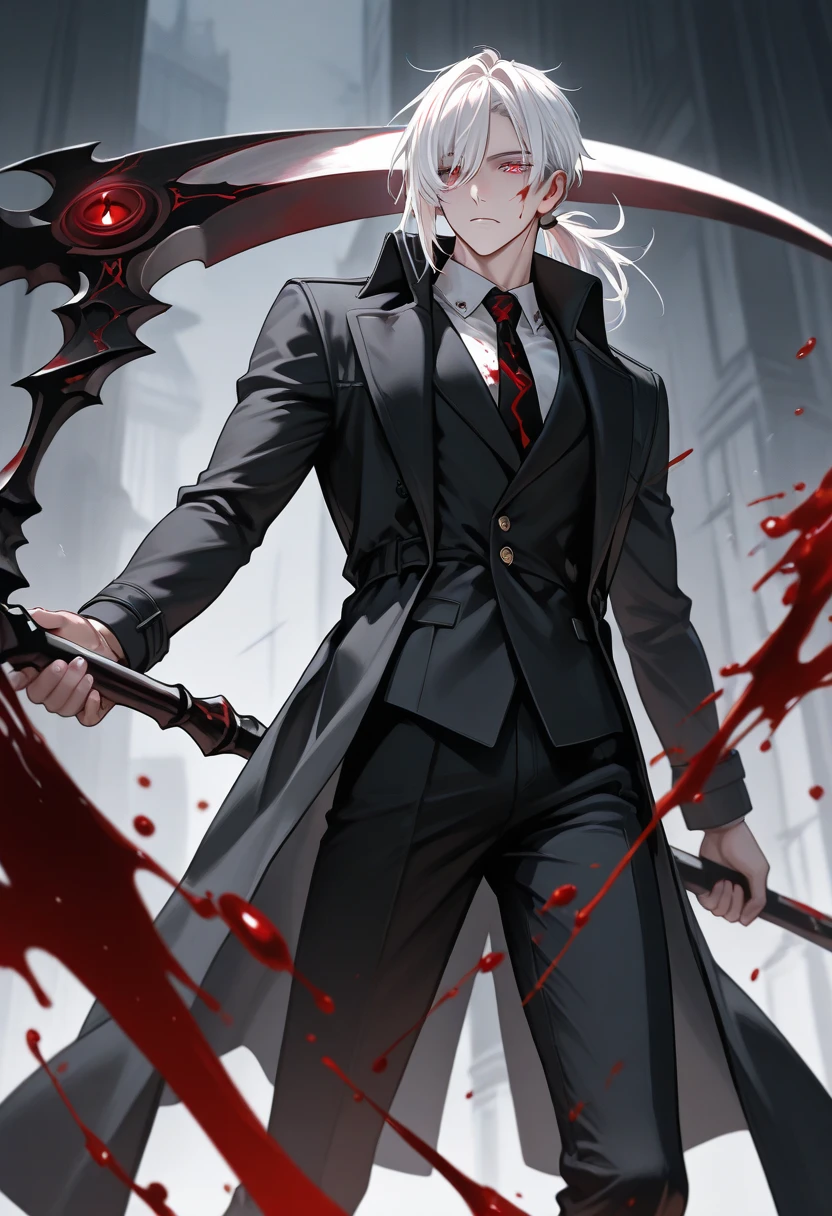 A fallen tall man vampire losing his life, stained with blood, without an arm, Short White Hair, Eyes red, all black clothes, completely covered in blood