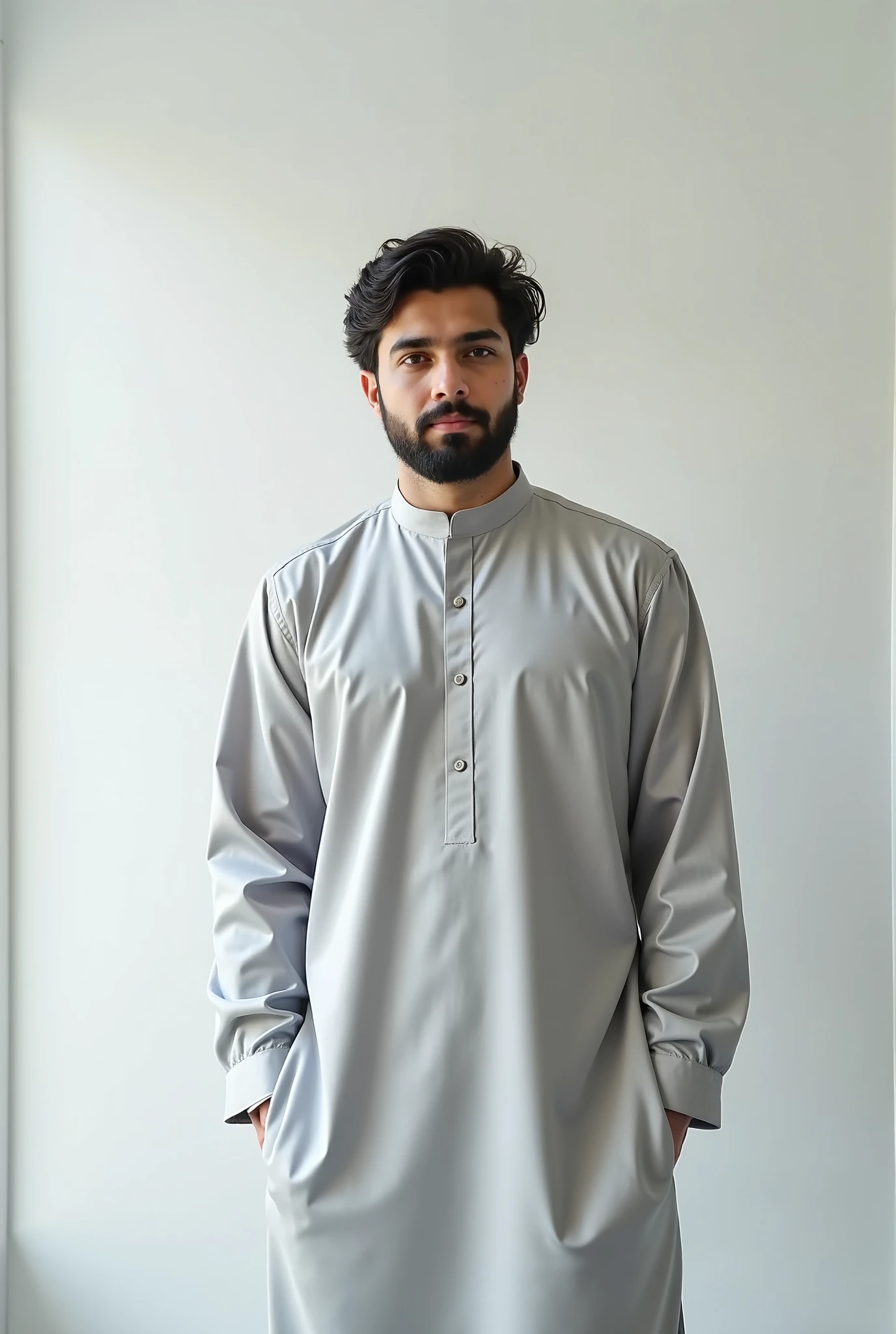 arafed man standing on a road with a mountain in the background, dressed thobe, wearing a kurta, khyzyl saleem, front side, full body picture, very clear picture, kyza saleem, around 1 9 years old, full body photograph, without beard, an afghan male type, full body photogenic shot, front side full