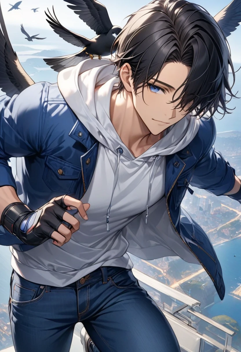Handsome man with dark hair" Flying Bird"、wearing a white hoodie, blue jacket, and jeans、fingerless driver gloves、