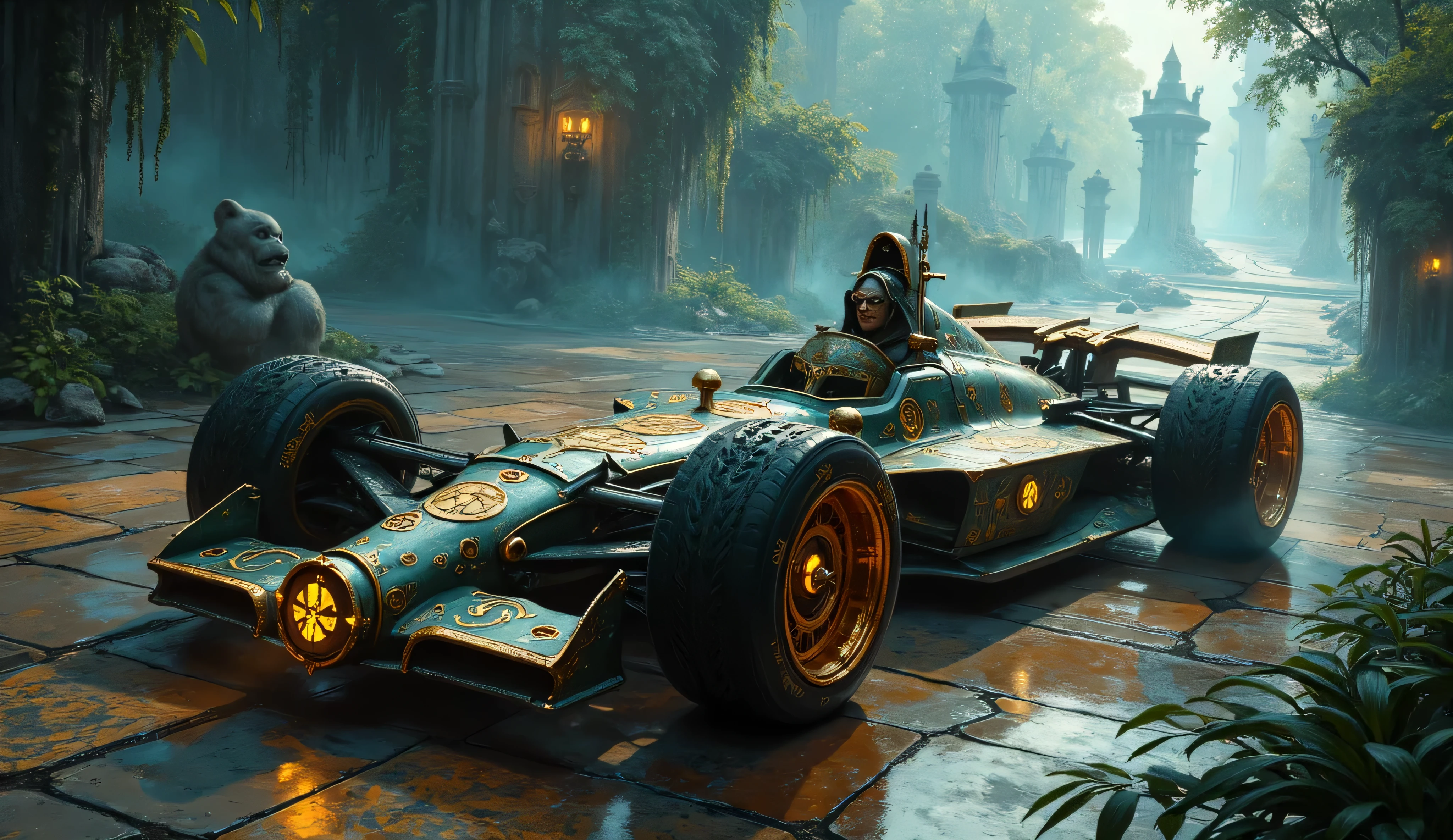 fantastical Formula 1-style racing machine, reimagined in a Dungeons & Dragons fantasy setting, vehicle is built from enchanted metals, dragonbone, glowing arcane crystals, sleek aerodynamic shape is adorned with magical runes and leather-bound armor plating, wheels are replaced by levitating rune circles, cockpit is designed like a wizard’s throne, enchanted instruments, glowing sigils, car races through a mystical track that winds through ancient ruins, floating islands, magical forests, high-speed, rich medieval fantasy aesthetics