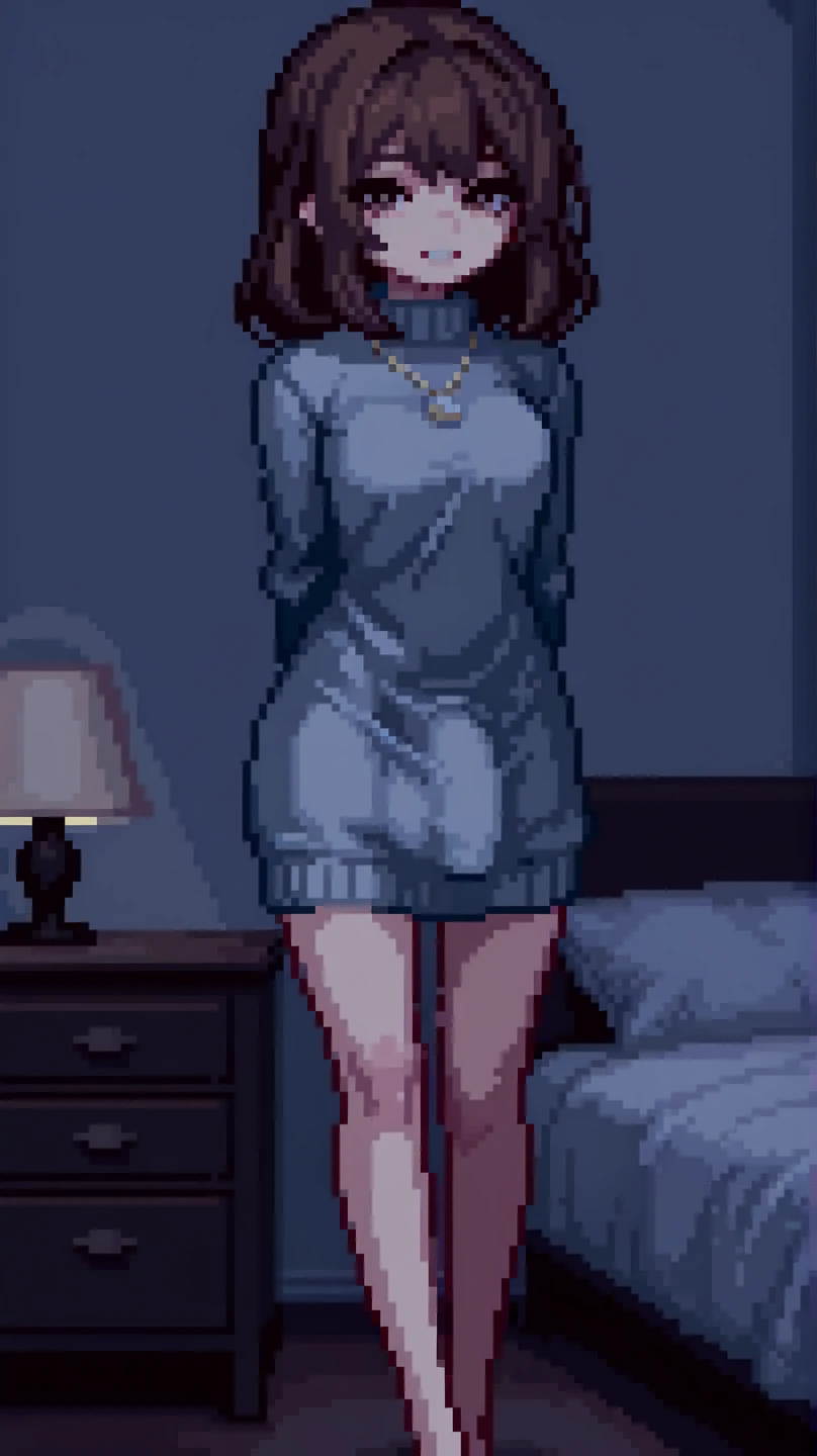masterpiece, best quality, highres, absurdres, newest, 1girl, futanari, solo, looking at viewer long brown hair, brown eyes, eyes half-closed, light smile, teeth, jewelry necklace, grey sweater dress, huge bulge, arms behind back, standing, indoors, single white bed, night lamp on a bedside table, white wall color, in the bedroom