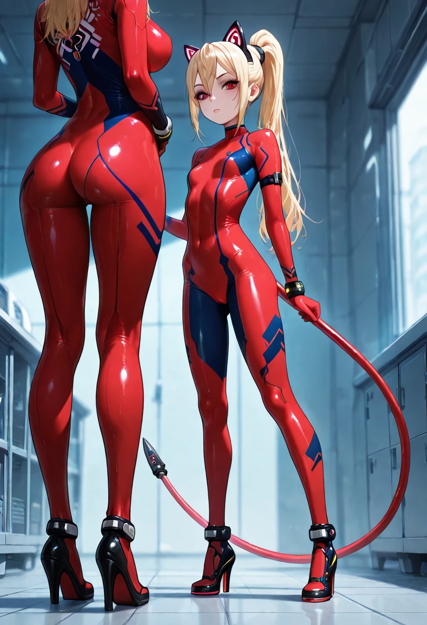 Garota andando em uma grande bicicleta esportiva vermelha、Riding suit、circuito、Pitt、Cabelo Azul Soprado、Asian