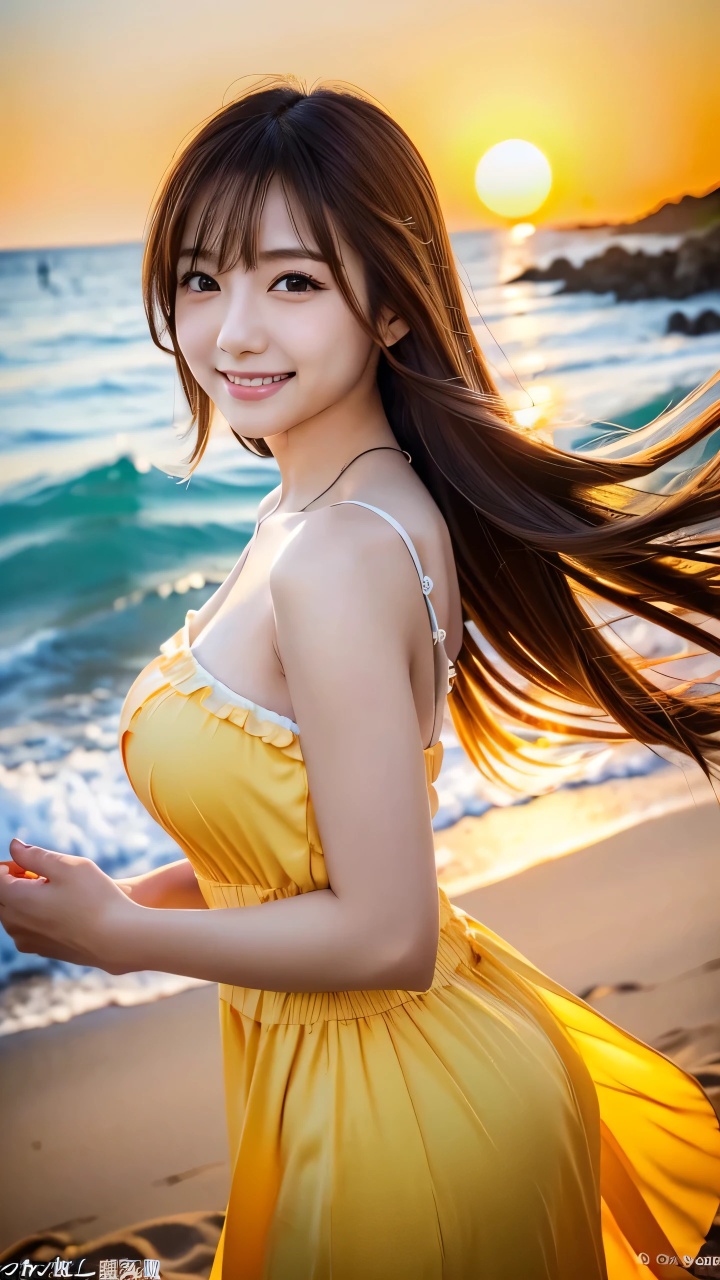 realistic, photo-realistic:1.37), (masterpiece), (best quality:1.4), (ultra high res:1.2),(RAW photo:1.2), (sharp focus:1.3), (face focus:1.2), elegant, classy, (full body:1.2), extremely cute and beautiful, ((yellow strapless dress :1.3)), (happy smile:1.3), (shine brown hair:1.3), (bangs hair)  (ponytail hair), (large breast:1.15), standing, scenery, (beach background:1.2), bangs, beautiful detailed eyes, looking at viewer, (extremely cute and beautiful), (no makeup), clean face, breathing, perfect anatomy, perfect proportion, detailed human body, beach background,
