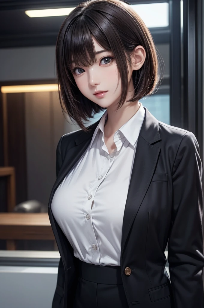 1girl,huge breast, black  hair, short hair, business clothes,high quality, ultra detailed, masterpiece, realistic