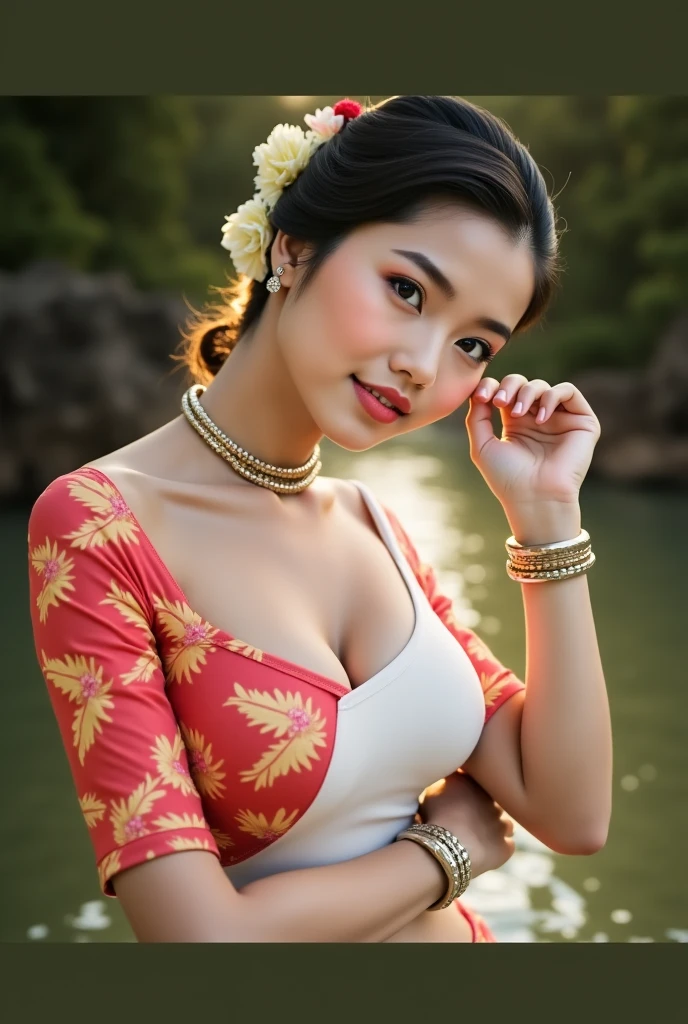 (masterpiece), best quality, ultra high res, , (princess:1.3), standing, (NSFW), lace underwear, beautiful face,( thailand tradition house:1.3),,(cute girl:1.3), ( thai white red ombre detailed traditional dress:1.3),(traditional body strap:1.2) big ,detailed background , gloves, hair bun, , big hair_ornament, ear ornaments, ear peice, ear jewelries, big crown, big jewelry, hair_stick, jewelry, necklace, bracelets, arms jewelry, (seductive:1.3), ( looking at viewer:1.5) , ocean,flowers, beautiful day, close eyes, enjoying the breeze ,beautiful smile, big breast, in the water, sitting back view