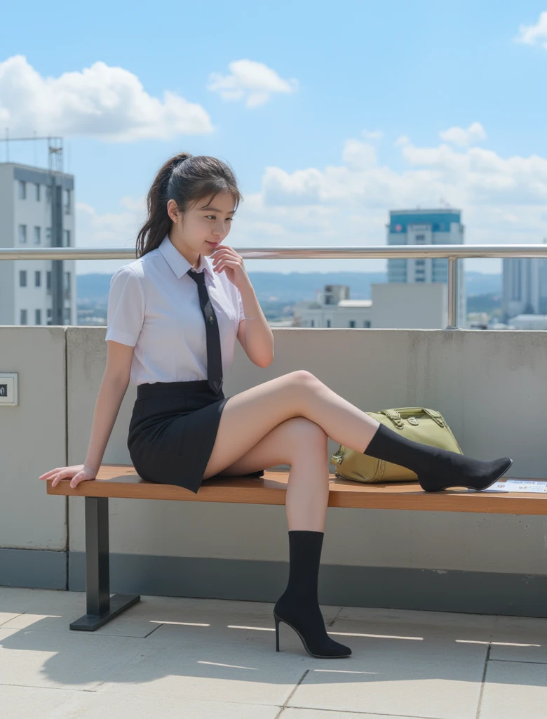 (Realistic: 1.2), correct limbs, beautiful legs, smile, photorealistic, best quality, best quality, 18 year old girl, decorated outfit, sitting, computer classroom, full body, sneakers, wet, detailed shiny skin, big eyes, black shirt, fashionable skirt, black tights, garter belt, a little distant