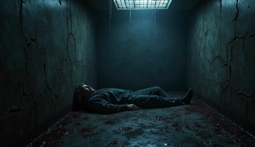 Vertical shot of a terrified man waking up in a decrepit prison cell, with shadows creeping in from all sides. A sinister old radio, slightly glowing, is placed in the corner. Eerie atmosphere, dark and gloomy setting, with faint demonic shapes lurking in the darkness beyond the bars. Black and red hues dominate, with harsh contrasts. Style: creepy, horror. High detail and resolution.