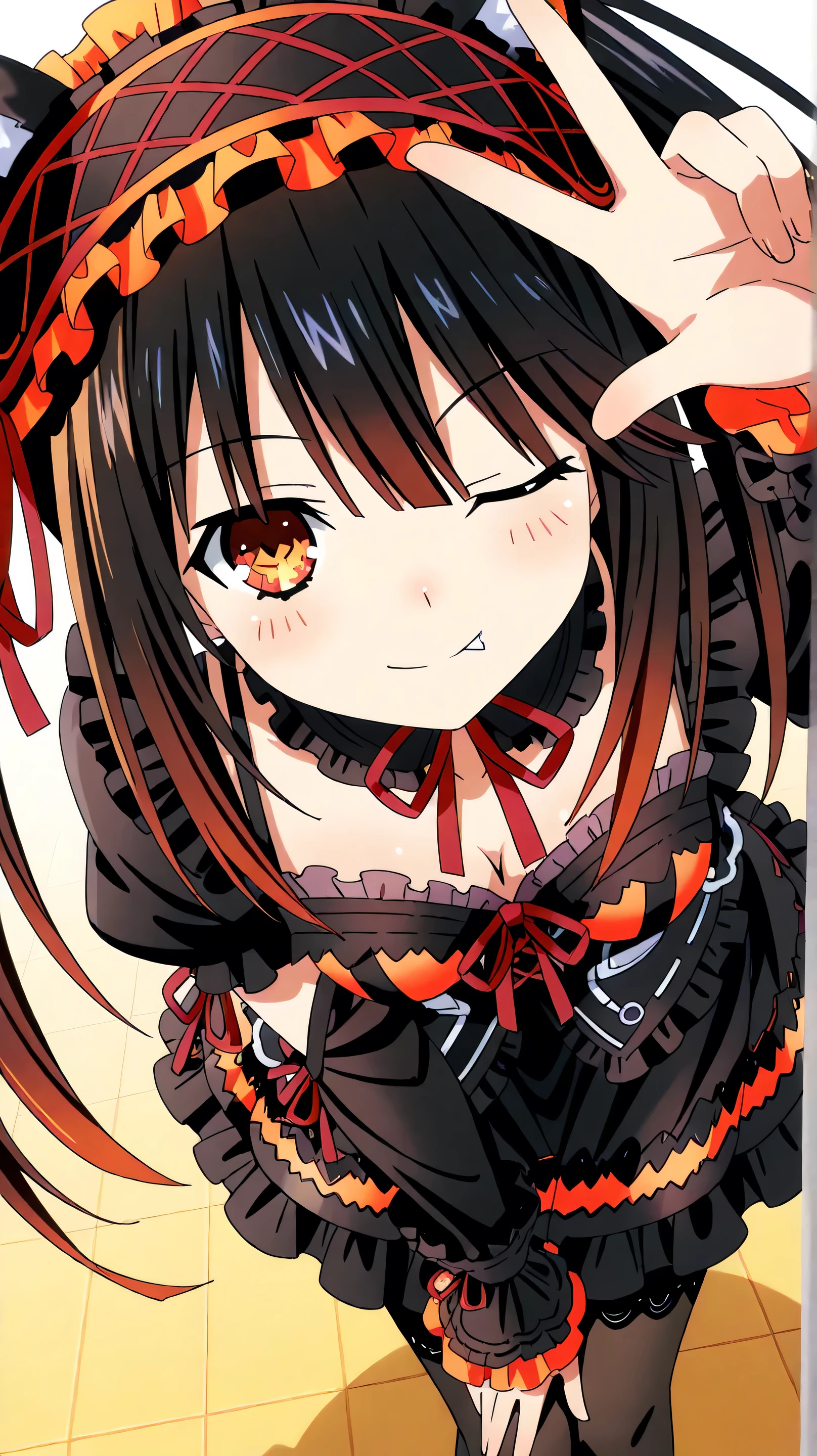 Tokisaki Kurumi from Date A Live, wearing a detailed black maid outfit with lace and fluffy black cat ears. She stands upright, upper body leaning slightly forward in a playful and confident pose. Her right hand makes a peace sign near her head, left hand rests on her waist. Her long, wavy black-red hair flows gently with her signature red and gold heterochromatic eyes, giving a mysterious yet charming look.
She wears full black opaque stockings that completely cover her legs, with no visible skin. Her smile is sly and cheerful, showing a small tooth line in the middle. Her right eye is open, left eye closed in a playful wink.
The image is knee-up from a slightly isometric angle, showing the waist. The background is a plain soft pastel color (#BFDFF7), with no patterns, shadows, objects, or effects. Coloring is soft, clean, and anime-style.
