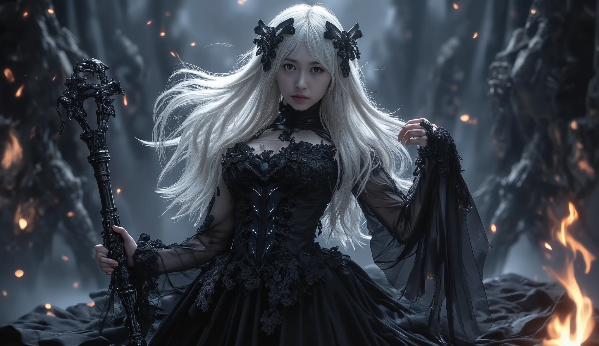  dark fantasy illustrations on the background  ， shows a highly detailed fantasy animation 。 In this mysterious scene ，pale skin 、 a woman with long flowing hair is the protagonist 。 She's wearing a beautifully decorated gothic black dress ， A cane with a flaming tip。