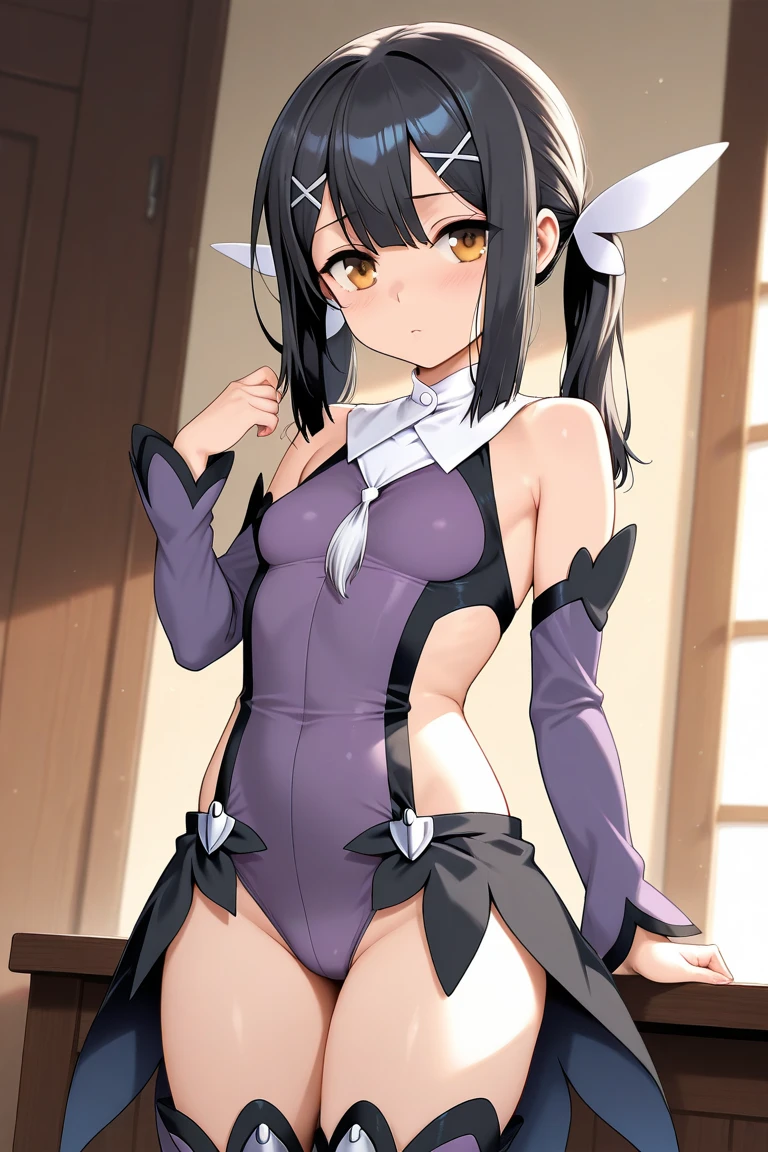 masterpiece, best quality, highres, aatsubone, long hair, one side up, hair ribbon, pink ribbon, brown eyes, turtleneck, bodysuit, bare shoulders, elbow gloves, white gloves, fishnets, black thighhighs, outdoors, standing, cowboy shot, smile,