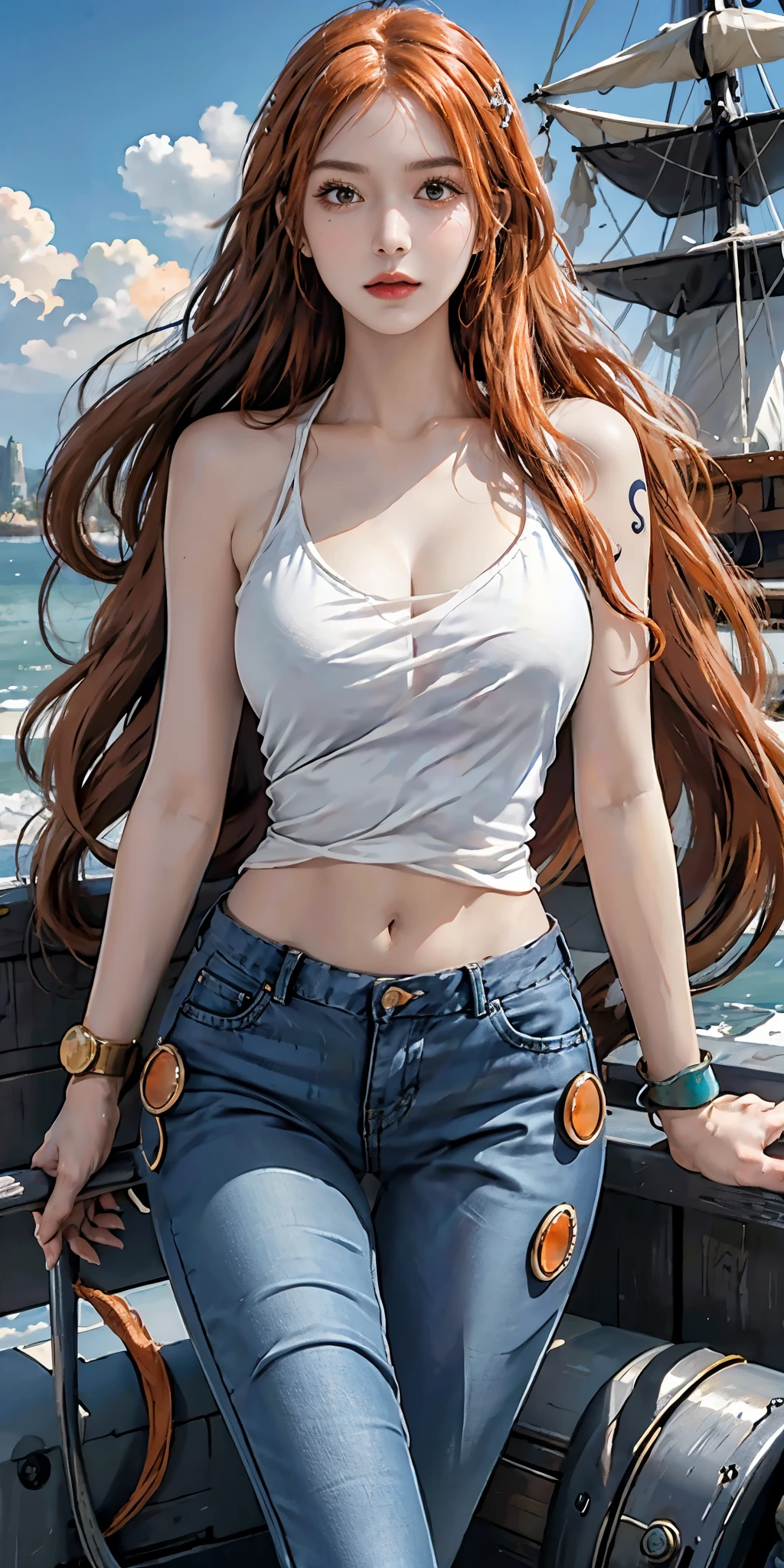 photorealistic, high resolution, soft light,1women, solo, hips up, (detailed face), nami \(one piece\), tattoo, jewelry,long silky orange hair, high nose, sharp eyes, noble and inviolable temperament, (([female]: 1.2 + [beauty]: 1.2 + orange long hair: 1.2)), pirate ship background, (one piece), blue sky, bracelets, bubbles, clouds, denim, pants, shoulder tatto, bright eyes, dynamic angle and posture, huge breast
