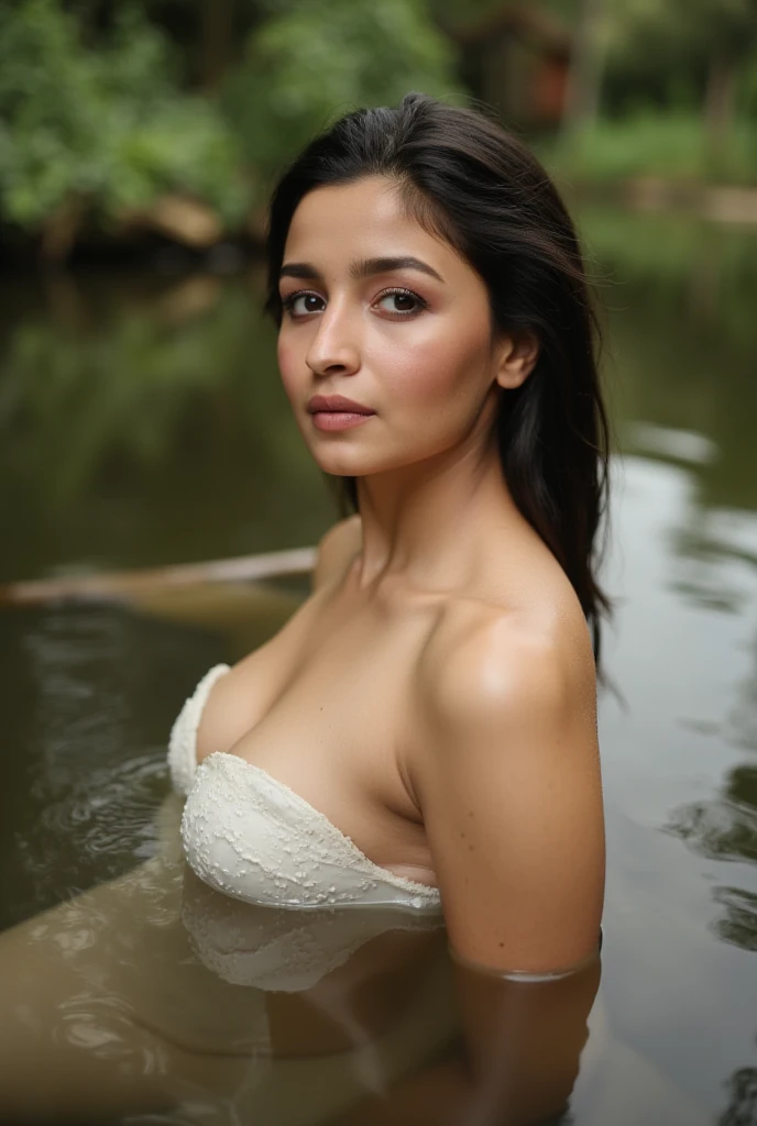 Dreamy night scene, close up photo of aishwarya rai, large breasts, taking bath near waterfall, body soaked in the water, chubby cheeks, wet hair, chin up, seductive face, wearing bra, rocks, pure water, cleavage show, water on the body, realistic pores on the body, look at sky and smile, black ponytail hair, (blue eyes:0.8), cute adult face, 40 yo, soft volumetric lights, (backlit:1.3), (cinematic:1.3), intricate details, (ArtStation:1.2)