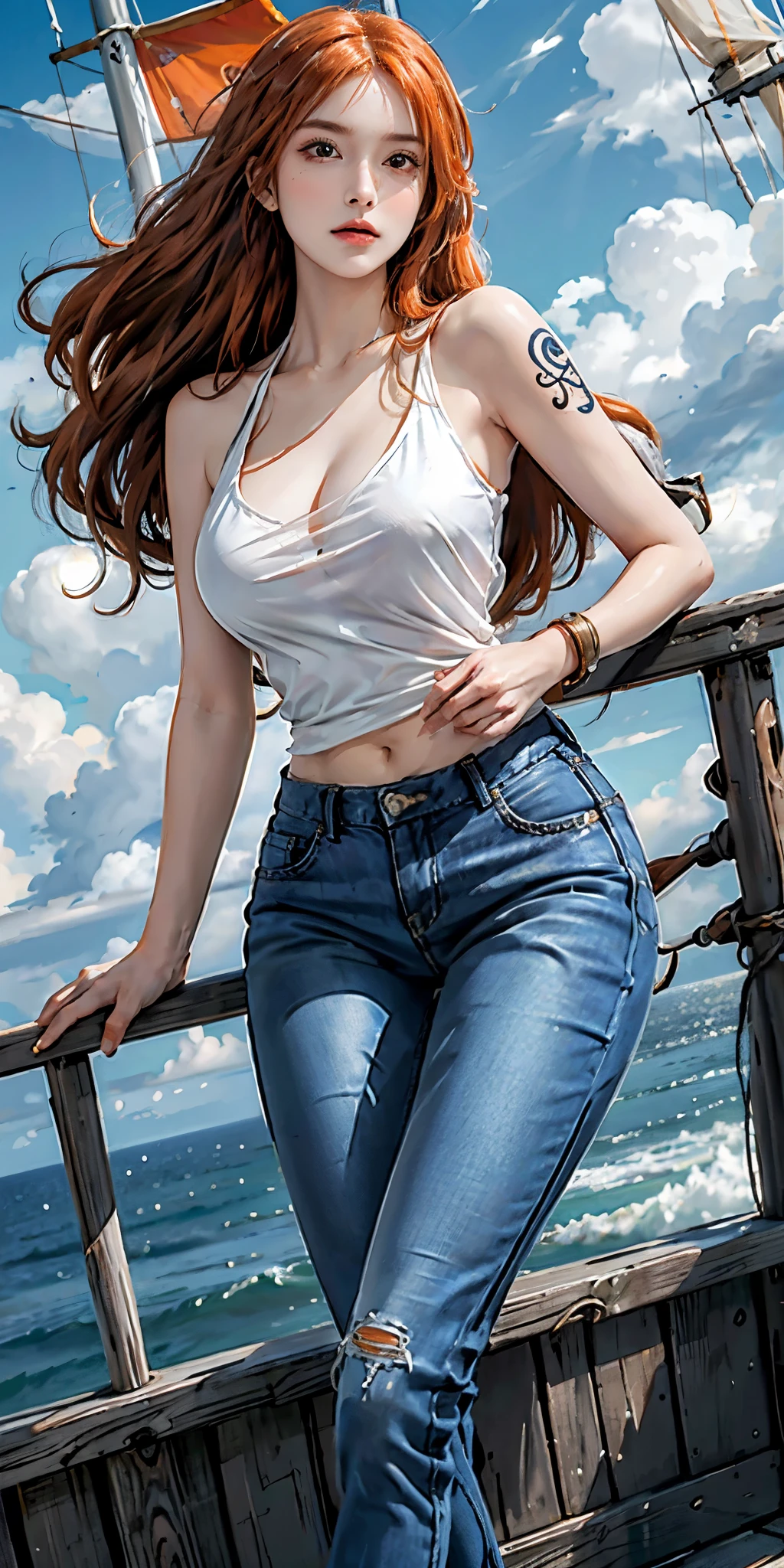 photorealistic, high resolution, soft light,1women, solo, hips up, (detailed face), nami \(one piece\), tattoo, jewelry,long silky orange hair, high nose, sharp eyes, noble and inviolable temperament, (([female]: 1.2 + [beauty]: 1.2 + orange long hair: 1.2)), pirate ship background, (one piece), blue sky, bracelets, bubbles, clouds, denim, pants, shoulder tatto, bright eyes, dynamic angle and posture