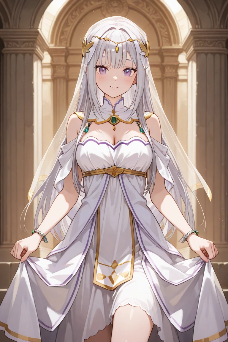masterpiece, 1girl, shaa-tan, beautiful, standing, large breasts, ceremony, bridal veil, white frills, long dress, wedding dress, blush, sparkles, falling petals, ring on finger