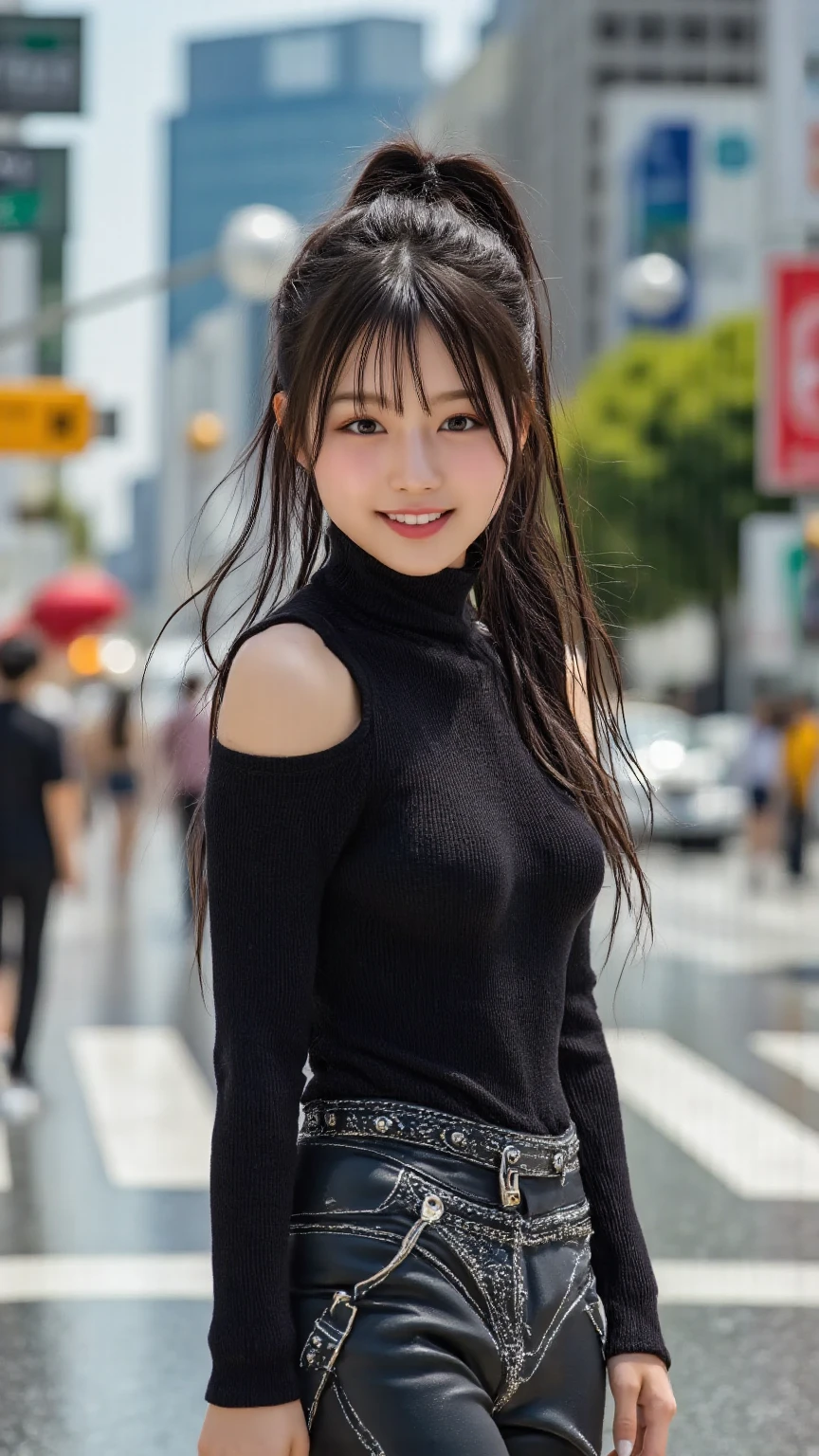 highest quality, masterpiece, ultra high resolution, (realistic:1.4), (close portrait) Raw photo, 1 girl, 22 years old, (((Black turtleneck back open knit dress black))), masterpiece, realistic pictures, japanese pictures, fuji negative film, saturation, contrast, Pocari Sweat Advertisement ((small breasts)),((smiling showing teeth)),long hair top ponytail,brown hair,