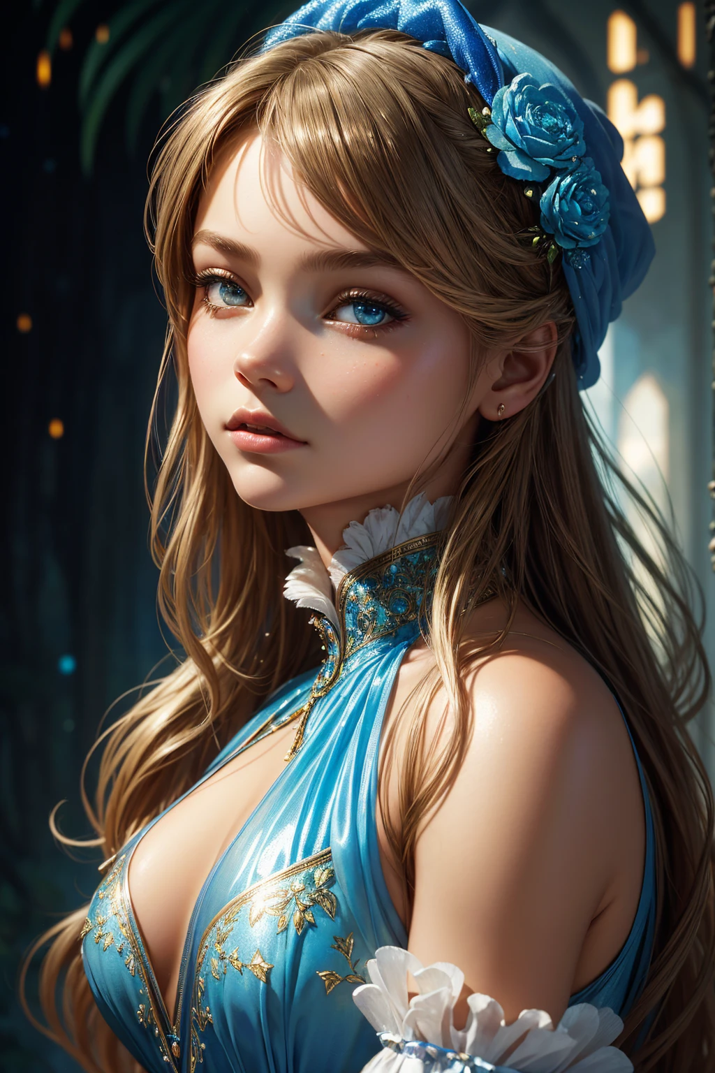 portrait Emma Watson, wearing sexy smurfette lingerie, against the background of the Smurf village, 6 0 3 0 s, curly hair, intricate, elegant, highly detailed, digital painting, artstation, concept art, smooth, sharp focus, illustration, art by thomas kindkade, charlie bowater, artgerm, greg rutkowski, alphonse mucha and alexandra fomina, 36k, glittering, shining