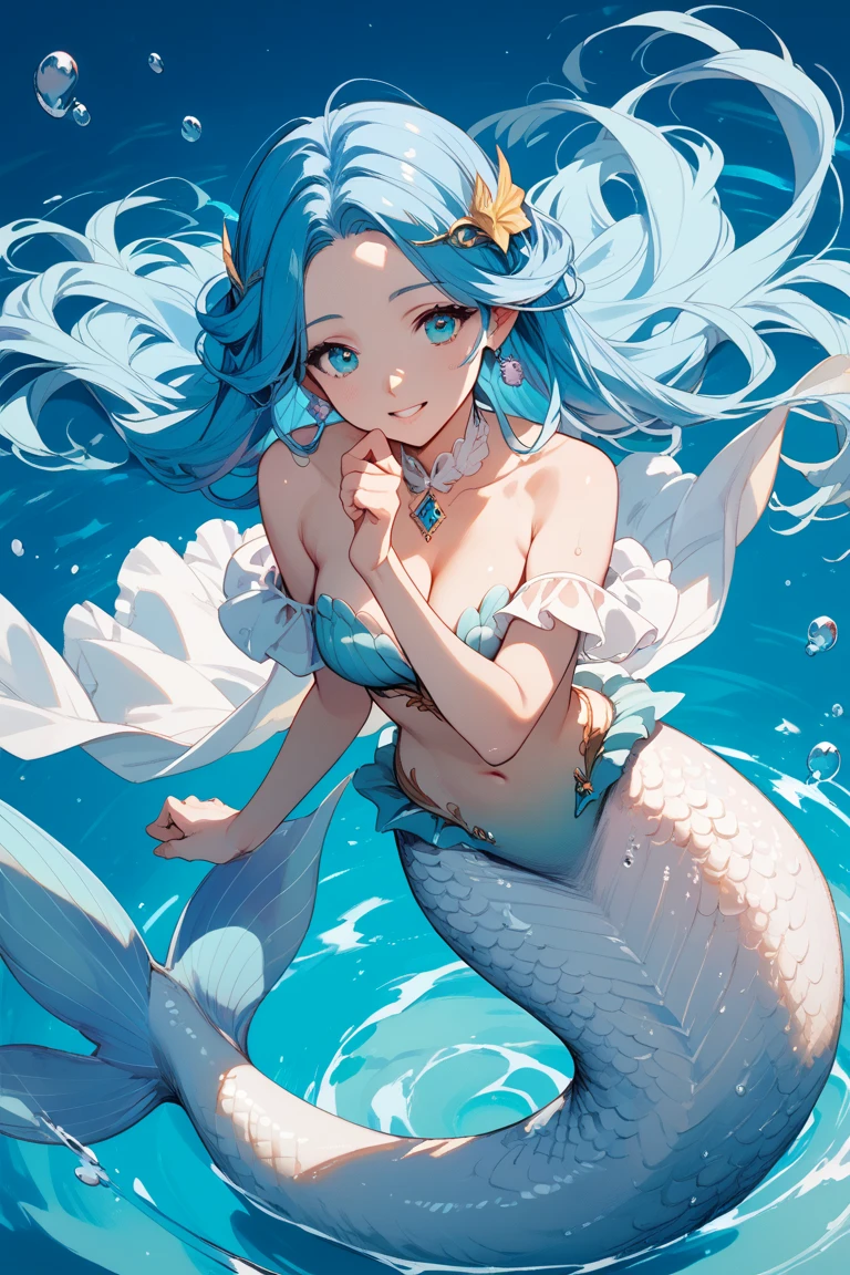 ((, Masterpiece: 1.5, best quality, high resolution: 1.3, super resolution, super detailed, ultra detailed: 1.3, Perfect Anatomy: 1.5, 1 woman ) pale skin + long curly fluffy light pink hair + red eyes + eyelashes long + female figure + medium chest (white fin with black, red and orange dots, delicate jewelry on her hip, simple top with almost transparent fabric sleeves, visible belly, pale fins) ((adorable open eyes, friendly cute expression , sparkle in eyes)) ((mermaid woman, mermaid tail, Koi fish))