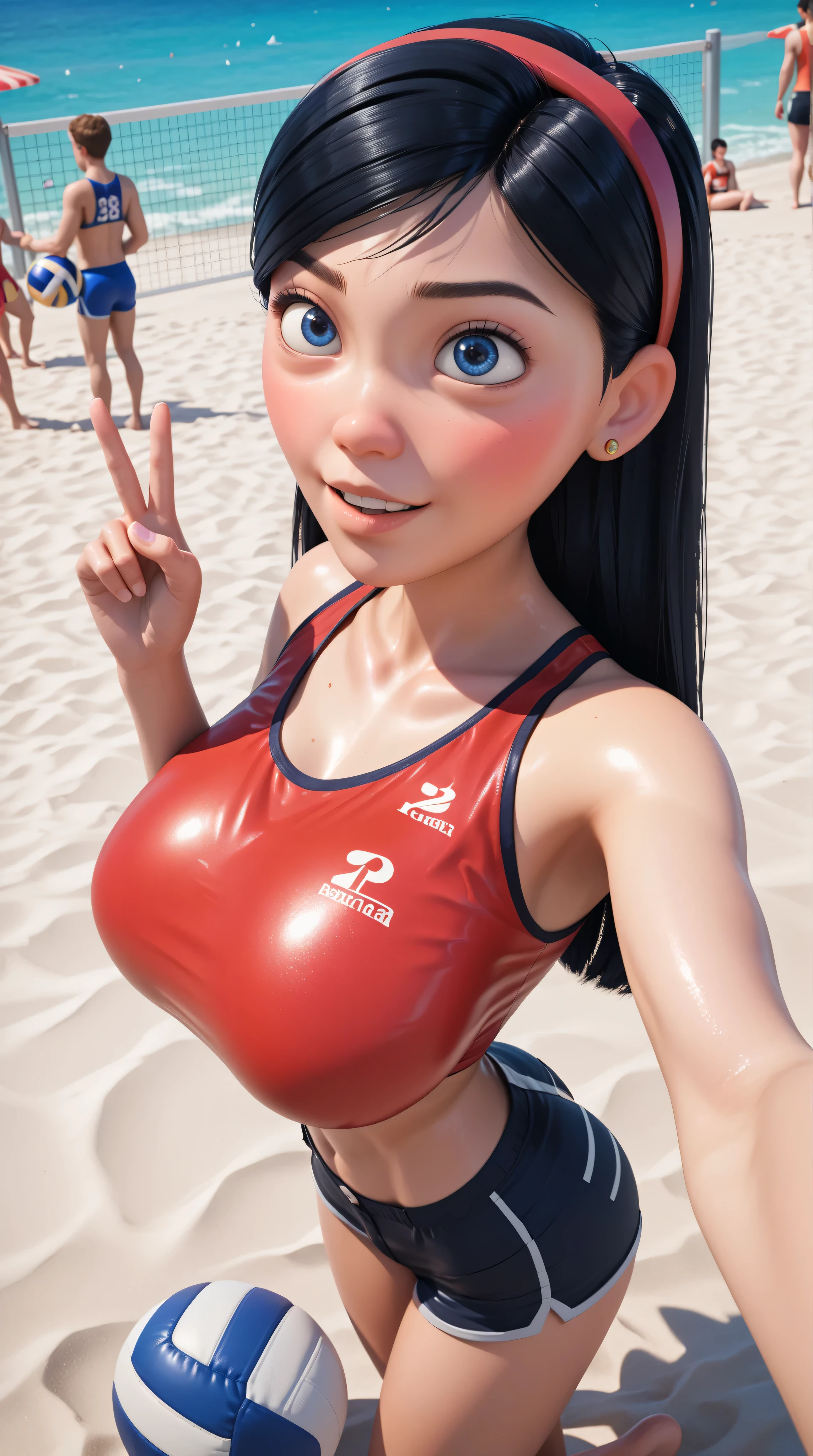 Score_9, Score_8_up, Score_7_up, Score_6_up, Score_5_up, Score_4_up, Source_anime, Tag1, Tag2, Quality_masterpiece, Anatomically correct, Beautiful face, Perfect face, Highly detailed beautiful face and eyes, Attractive face, Detailed face, Delicate facial features, Detailed skin, Huge breasts, Gargantuan butt, young female Seductive, Elegant, Glamor, Disney, Violet Parr, 1girl, solo, long hair, black hair, hairband, blue eyes, 18 year old, pixar, 3d, shiny skin, oily skin, dressed in a revealing a red swimsuit, with black short shorts,  standing, taking selfie, high angle, background beach volleyball net